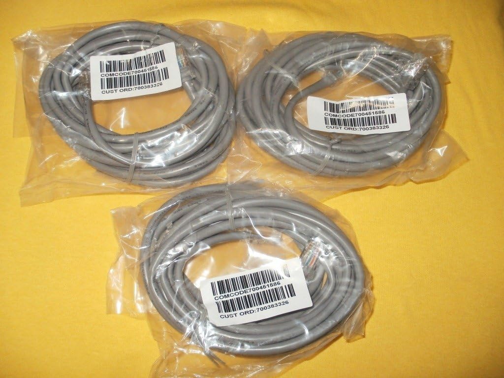 Three individually packaged Avaya CAT5E Ethernet patch cables, grey in color, with labels showing model and part numbers.