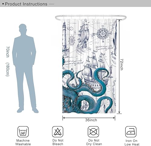 Miniatura 7 de DESIHOM Juego de cortina de ducha pequeña de pulpo náutico azul, divertidas cortinas de ducha estilo kraken de océano para baño, decoración de mapa