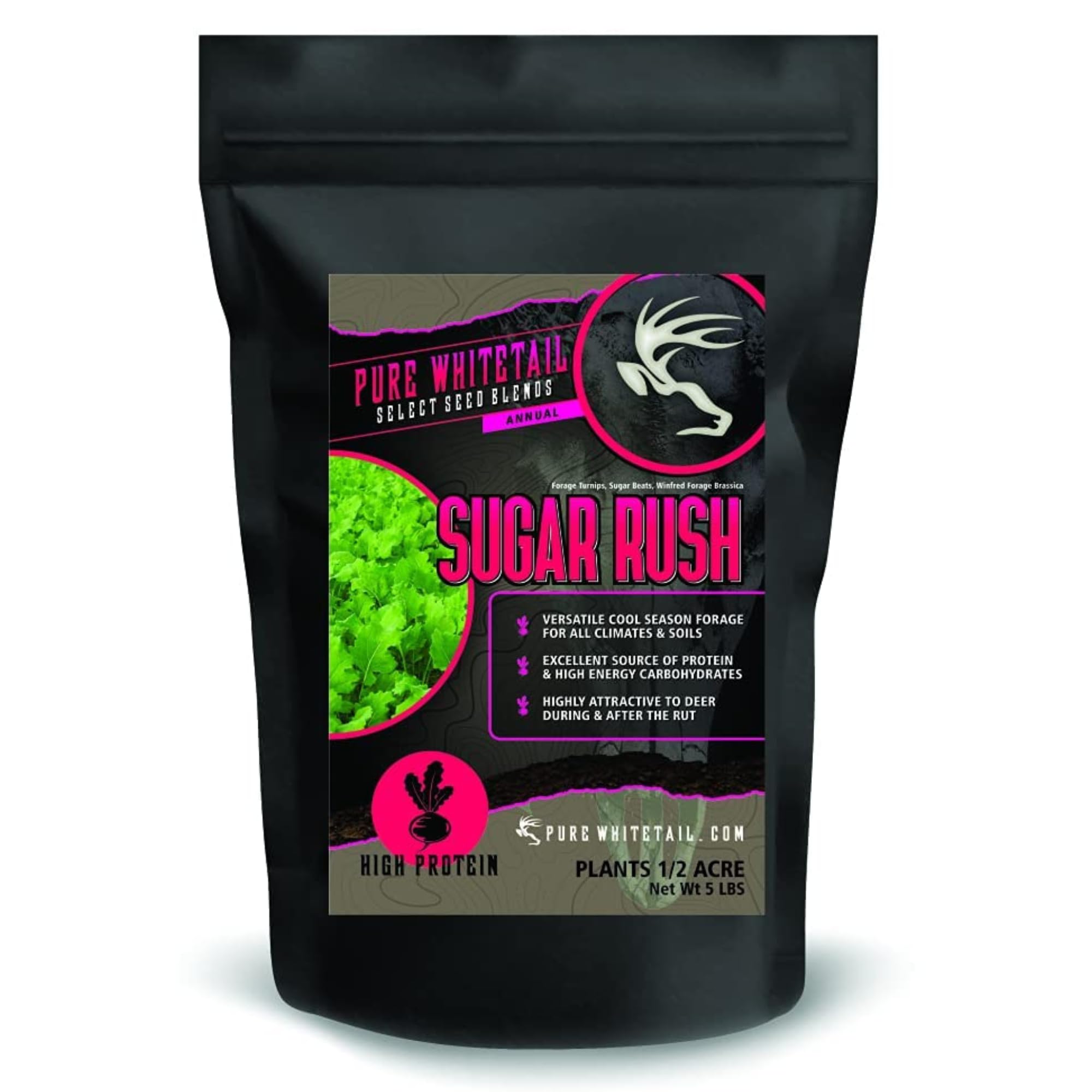 Sugar Rush | Select Seed Blends | Easiest Deer Feeder | Late Season Whitetail Deer Food Plot | Turnip, Sugar Beet, Winfred Forage Brassica Seeds | Plants 1/2 Acre | 5 lb Bag