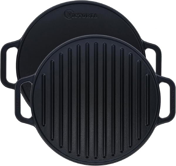 Victoria Cast Iron Griddle. Double Burner Griddle, Reversible Griddle Grill, Seasoned with 100% Kosher Certified Non-GMO