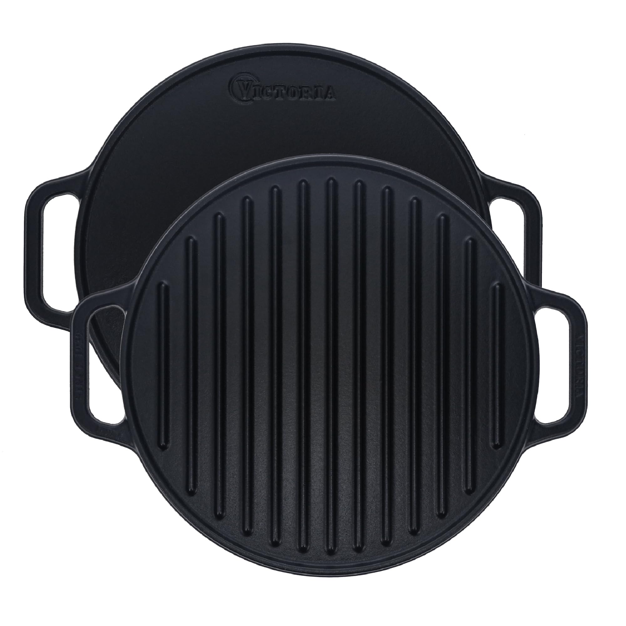 Victoria Round Cast Iron Grill. Double Burner Griddle, with Removable Coil Handles Seasoned with 100% KoBibir Certified Non-GMO Flaxseed Oil, 12.5 Inch, Black