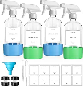 GIVAMEIHF 4 Pack Glass Spray Bottles with Silicone Sleeve,16oz Clear Glass Spray Bottles Refillable Empty Bottle with Adjustable Nozzle,Spray Bottle for Cleaning Solutions,Essential Oils,Pets,Hair