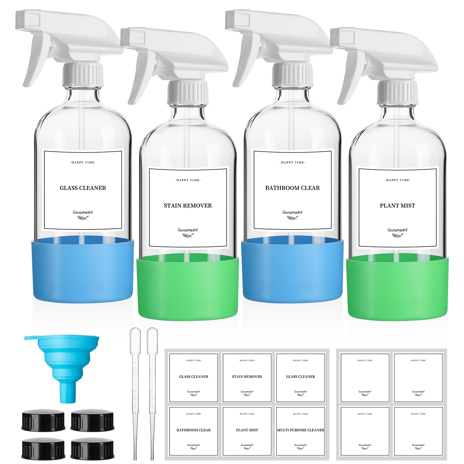 GIVAMEIHF 4 Pack Glass Spray Bottles with Silicone Sleeve,16oz Clear Glass Spray Bottles Refillable Empty Bottle with Adjustable Nozzle,Spray Bottle for Cleaning Solutions,Essential Oils,Pets,Hair