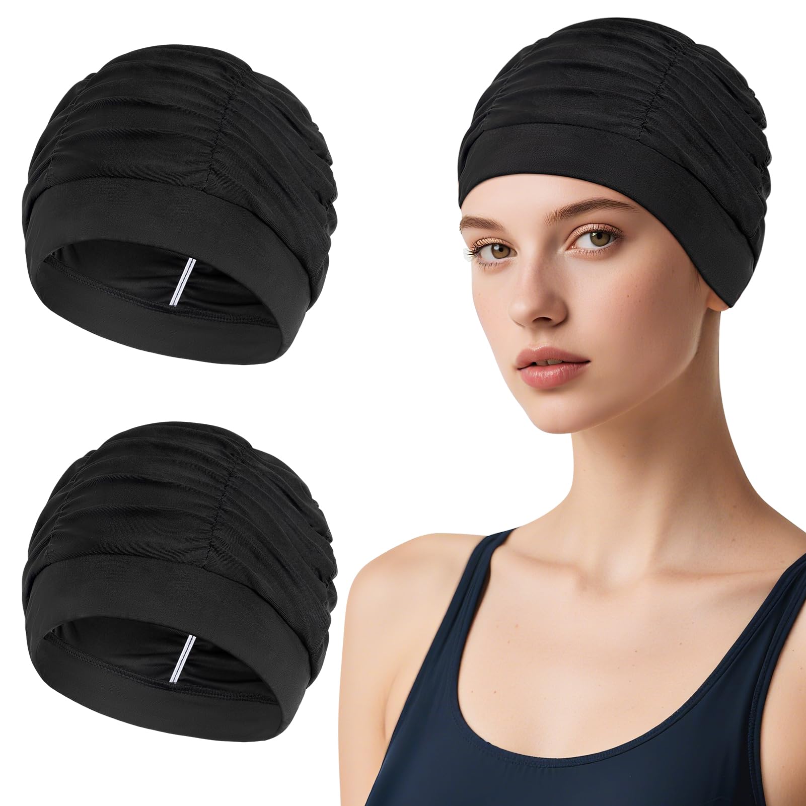 Kiiwah 2 Pièces Bonnets de Bain Élastique, Bonnet de Natation en Tissu Polyester Confortable, Cagoule Piscine Élégante pour Cheveux Longs Femme Homme Enfant