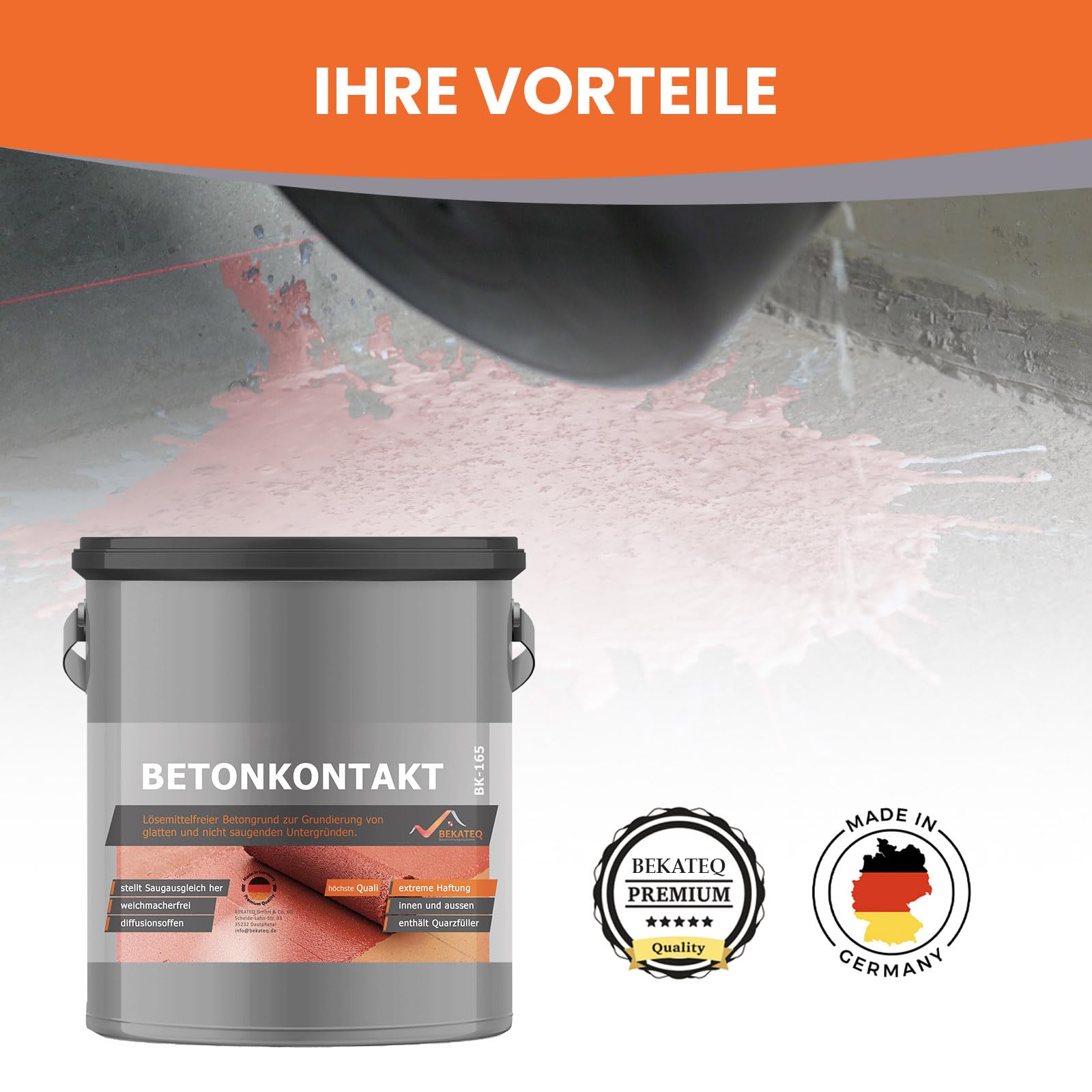 Betonkontakt 15kg innen und aussen, für glatte Untergründe - optimaler Haftgrund für Beton, Putz, Holz, Fliese, Gips, OSB - Grundierung & Haftbrücke - frostfest, wasserfest - BEKATEQ BK-165
