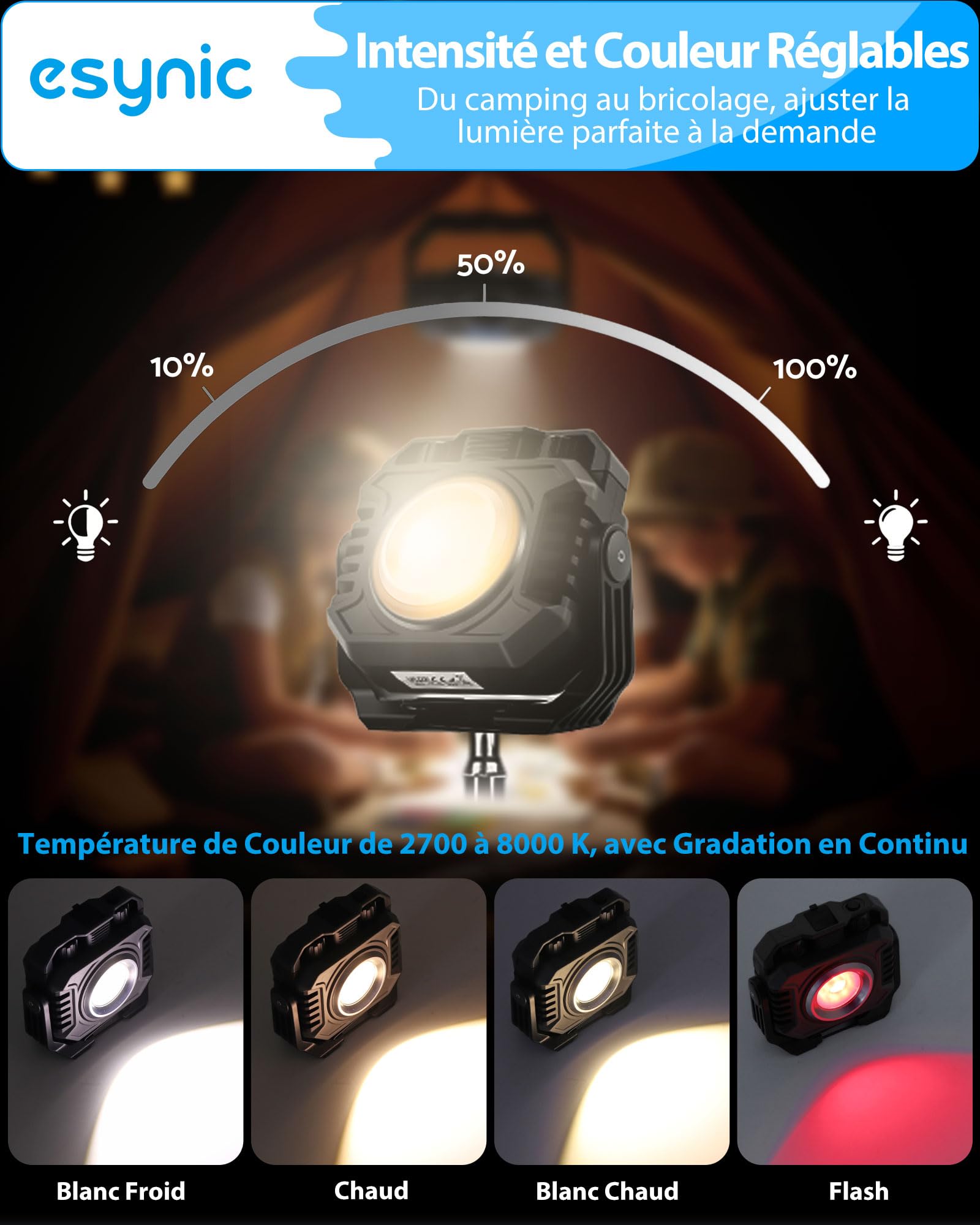 eSynic 2pcs Lampes de Travail LED Portable Rechargeable 5000mAh Lampe de Chantier Projecteur 1500LM et Lampe Torche 600LM Base Magnétique Support à 360° 2700-8000K Étanche IP65 pour Réparation Camping