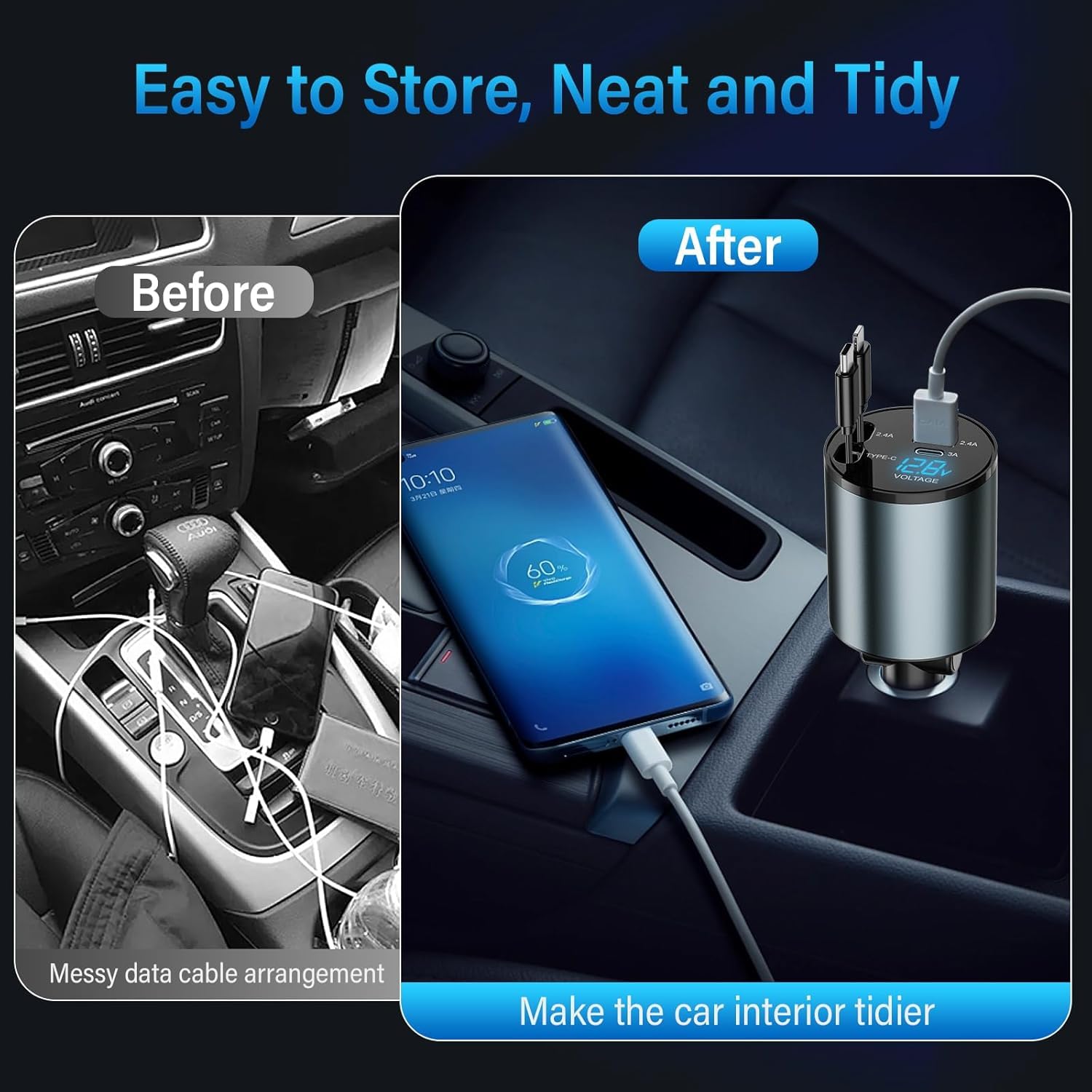 Caricabatteria da auto per accendisigari USB C 4 in 1 56W - Caricabatterie per auto con 2 cavi retraibili (Tipo C, Lightning), adattatore USB per accendisigari con visualizzazione tensione, rotazione