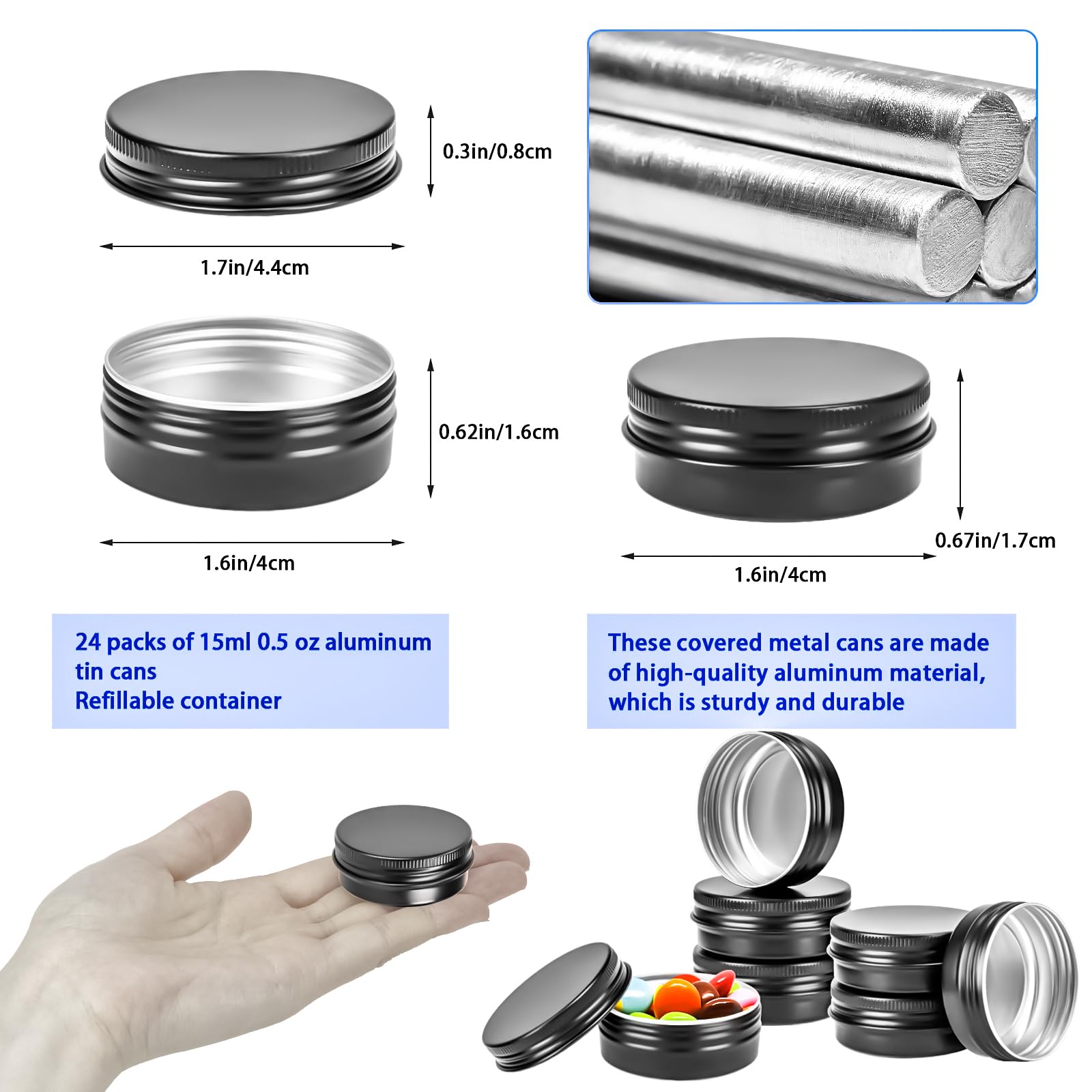 Paquete de 24 tarros de aluminio recargables de 0.5 onzas, recipientes redondos de aluminio con tapas para loción de bálsamo labial, velas de crema, bálsamo labial, 15 ml, color negro