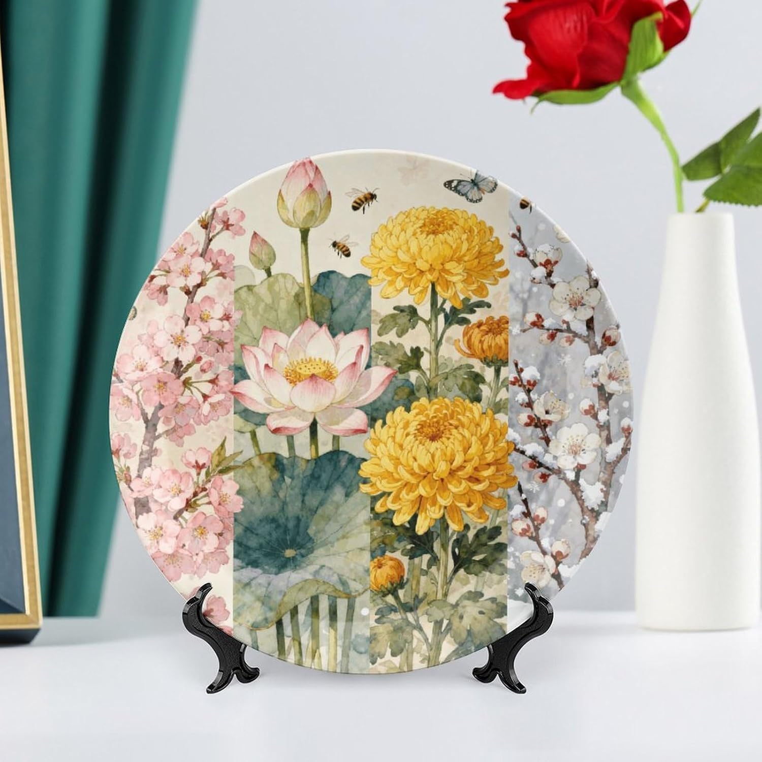 Four Seasons Flowers Decorative Plates Bone China Plates with Stand for Display 10inch Round Ceramic Dinner Plates Dessert Plate for Kitchen Party Coffee Table Decor Art