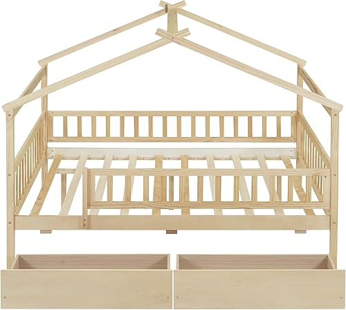 Miniatura 263 de Cama de casa de tamaño individual con 2 cajones, marco de cama de madera y barandilla de seguridad. Ahorra espacio, ideal para el dormitorio de un