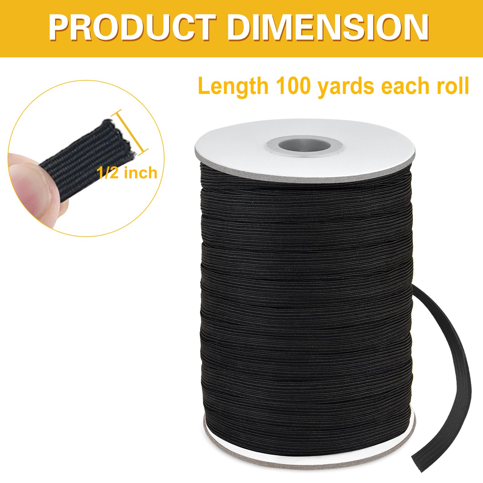 Coopay Cuerda elástica de 100 yardas de largo de 1,27 cm de ancho, cuerda elástica, cuerda elástica pesada y elástica de punto para coser (negro, 1/2 pulgada)