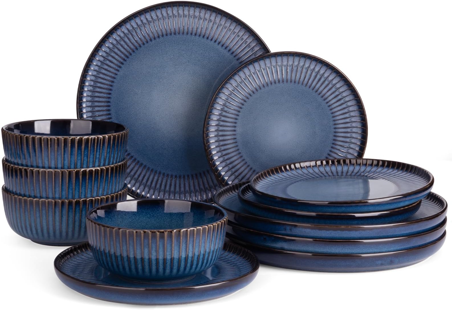 Famiware Starlight Plates and Bowls Dishes Set of 4 (12 Pieces), Ribbed Textured Stoneware Dinnerware Sets- Dishwasher & Microwave Safe, Chip & Scratch Resistant, Starry Blue