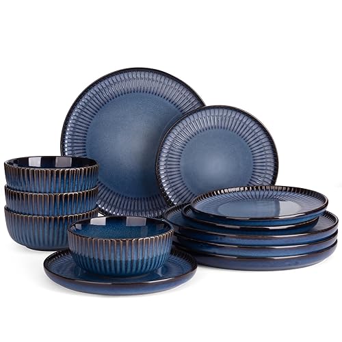 Famiware Starlight Plates and Bowls Dishes Set of 4 (12 Pieces), Ribbed Textured Stoneware Dinnerware Sets- Dishwasher & Microwave Safe, Chip & Scratch Resistant, Starry Blue