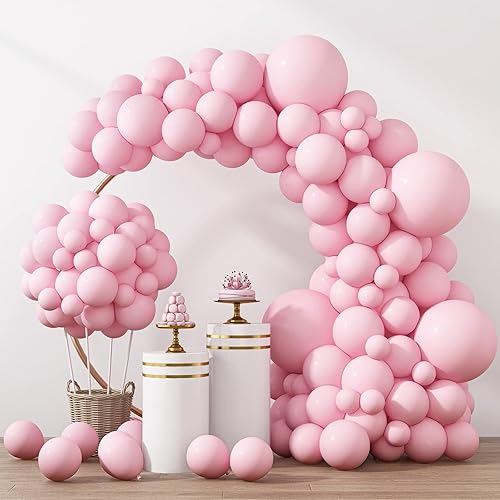 Rubfac Globos rosa pastel, 129 unidades, diferentes tamaños, 18, 12, 10 y 5 pulgadas para arco de guirnalda, decoración de cumpleaños, baby shower,