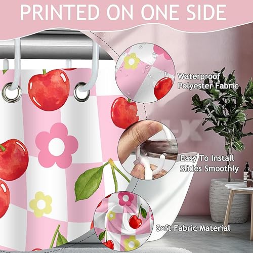 Miniatura 5 de Cortina de ducha de cereza rosa con diseño floral de cerezo para decoración de baño, 72 x 72 pulgadas, lavable de poliéster preppy Funky Groovy