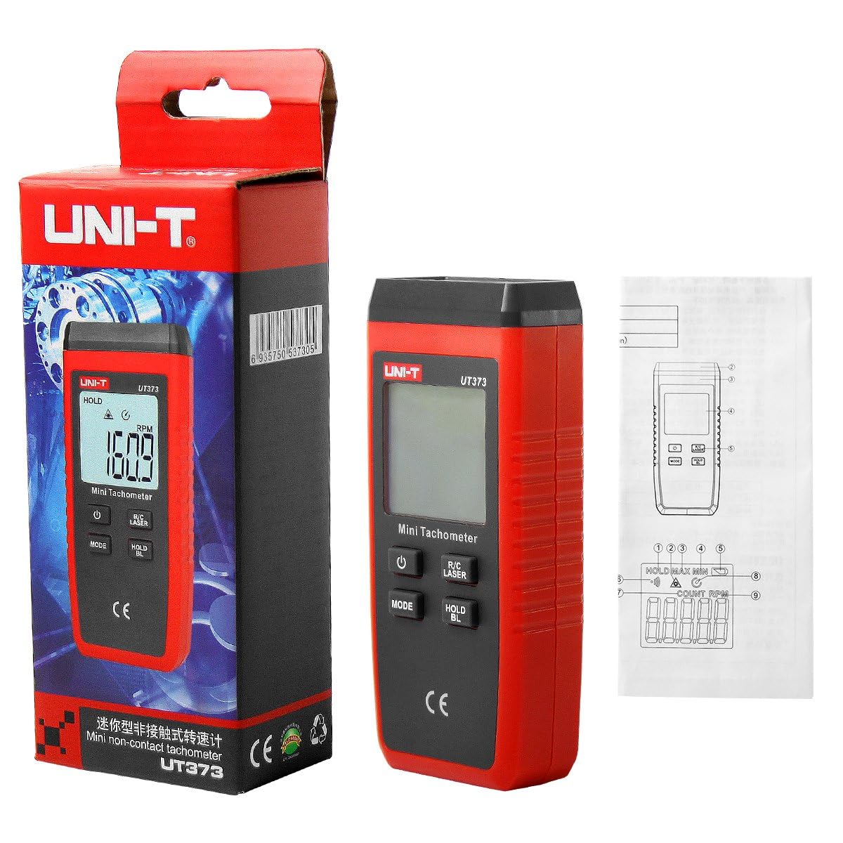 Tacómetro sin Contacto, UT373 Tacómetro Láser Digital LCD, Velocímetro RPM con Retroiluminación