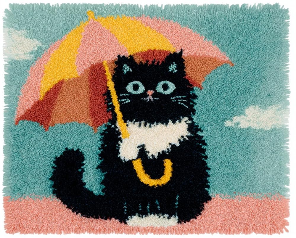 Kitquiver Rug Making Kits for Adults Latch Hook Cat Holding an Umbrella Crafts Crochet Yarn with Pre-Printed DIY Handmade Embroidery Needlework for Home Decoration 23X35In