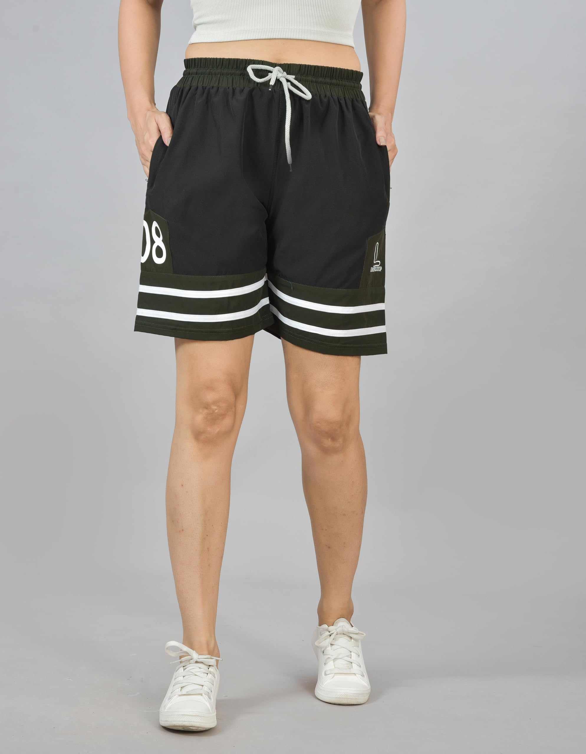 underloop Gril's Basketball Shorts, Black with Green Stripes-picture-10