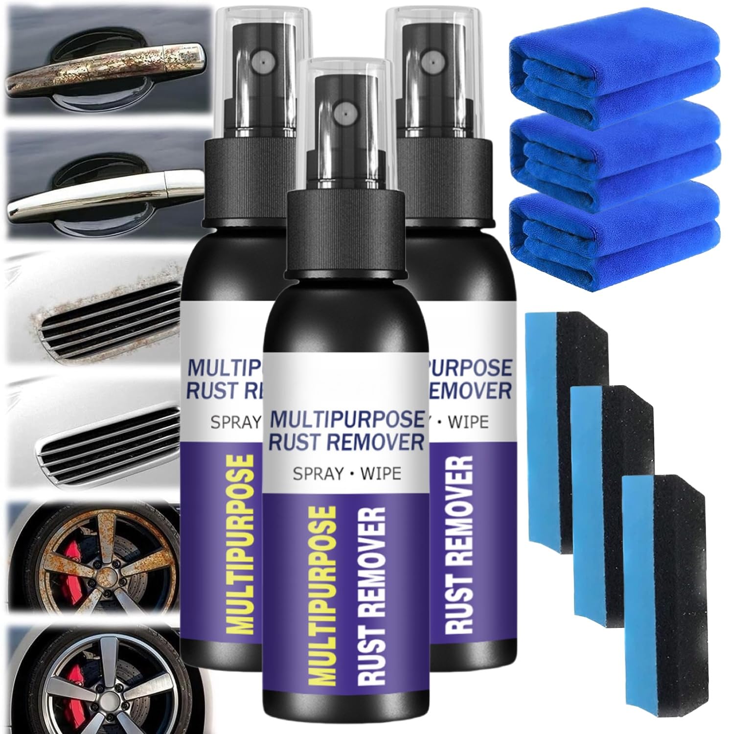 3PCS Multipurpose Rust Spray, Metal Rust Remover Spray Iron Stain Remover Paint Cleaner Spray Auto Rust Remover Vehicle Rust Treatment Metal Surface Cleaner for Rust from Tools, Metals, Car Parts
