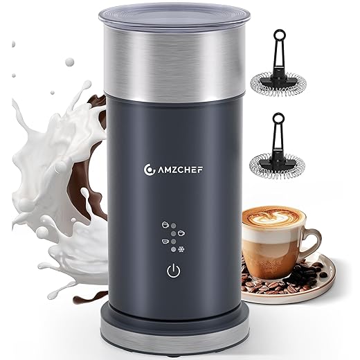 AMZCHEF Montalatte Elettrico 4 in 1 IPX6 – Schiumalatte Caldo e Freddo in 80s, 240ml/115ml – Inox, Facile da Pulire, per Cappuccino, Caffè e Bevande Calde