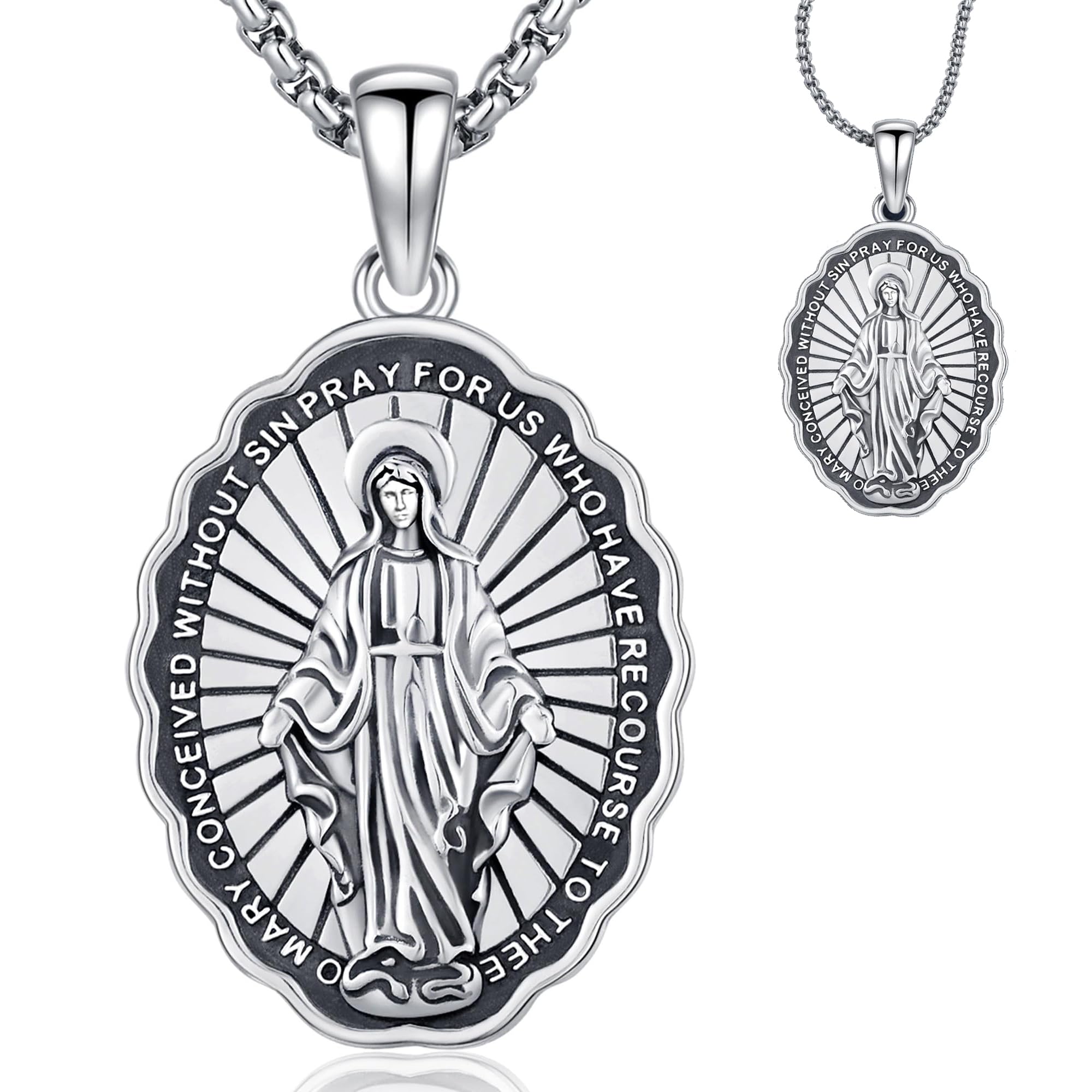 Collier avec médaille miraculeuse Vierge Marie pour homme et femme en argent sterling 925 avec pendentif en forme de médaille ovale divine Amulette Bijoux religieux, petit, argent sterling