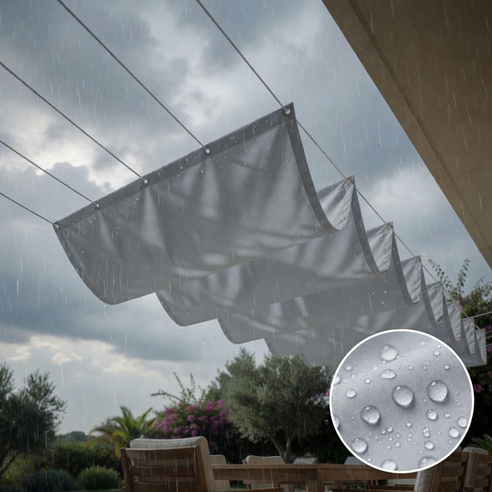 Einziehbare Welle Sonnensegel 2.6 x 7 m 95% Uv-Schutz Wasserdicht Verstellbar Schattenabdeckung Segeltuch PES Polyester Schattenspender für Außenbereich, Garten, Hellgrau