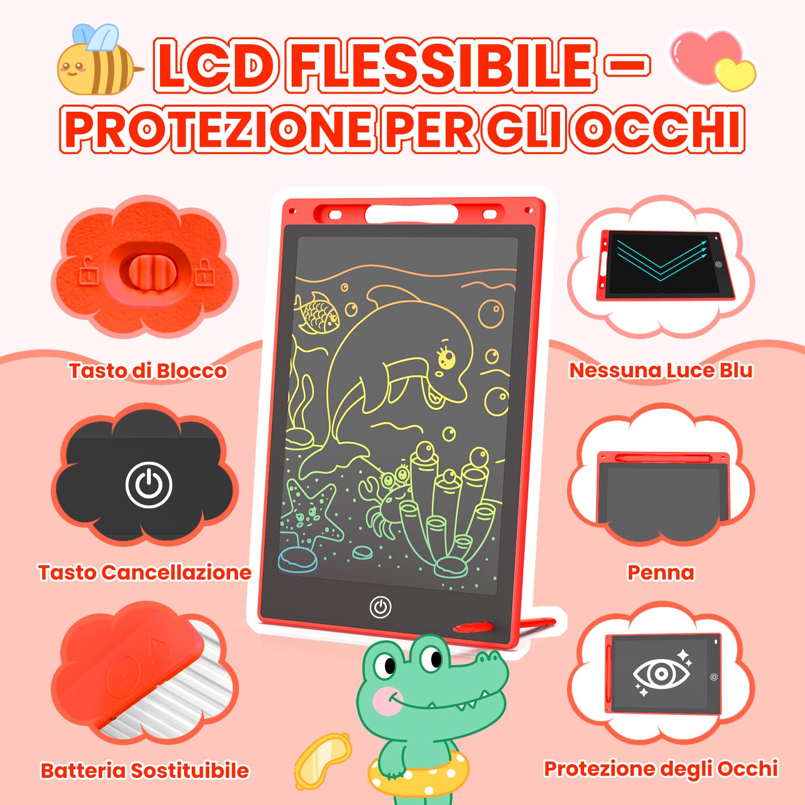 Tablette Graphique LCD Écriture Colorée, Tableau Numérique Effaçable avec Bouton Supprimer et Verrouillage D'écran, Jouet Éducatif et Cadeau d'Anniversaire et de Noël (Rouge, 10 pouces) - 4