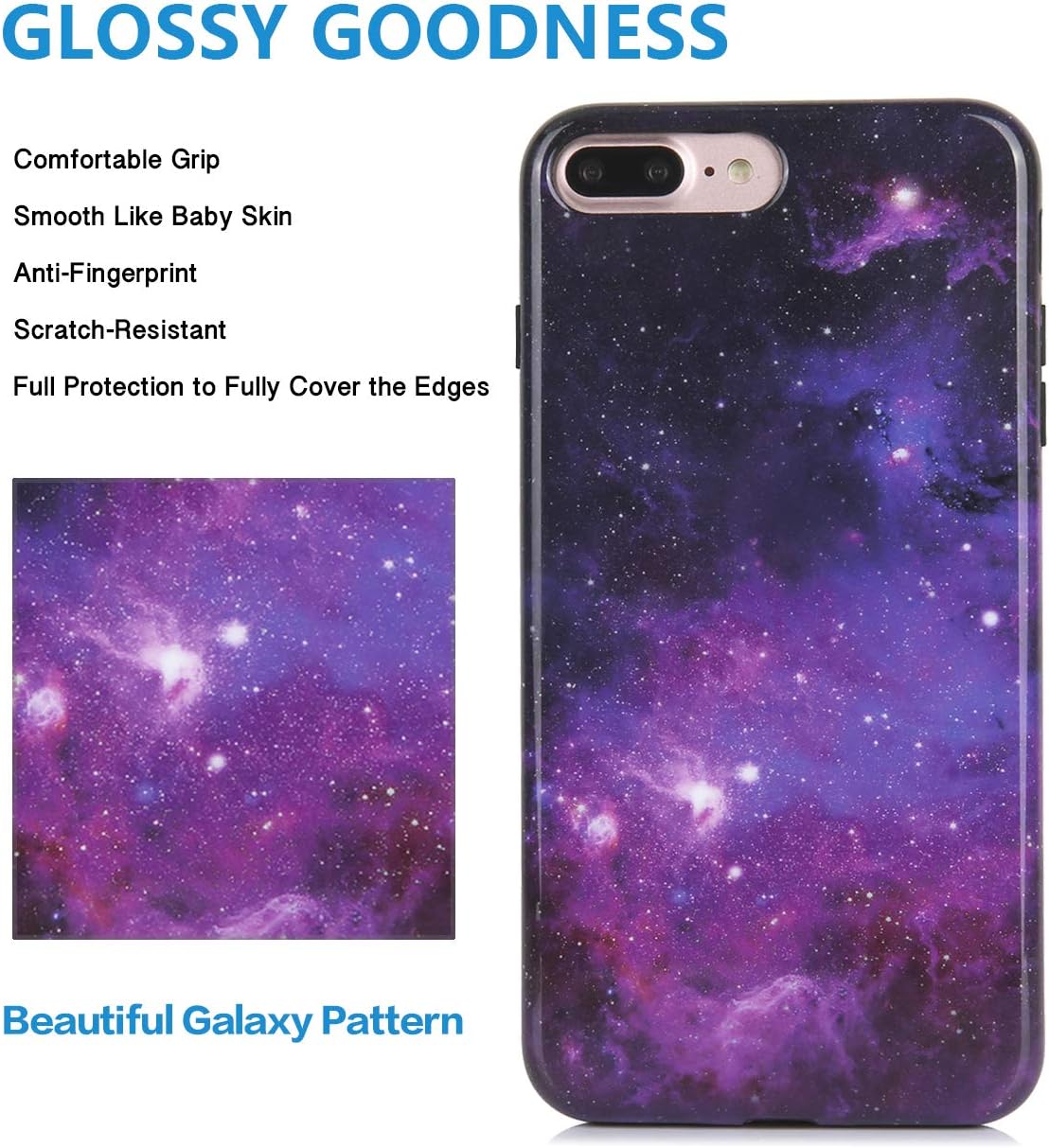 TRENSOM iPhone 8 Plus iPhone 7 Plus Case Cute Floral Glossy Galaxy Blue Purple Pattern IMD Hybrid Hard TPU Back Cover Shockproof Protective Fun Phone Cases for Women Girls Men Boys[5.5"]