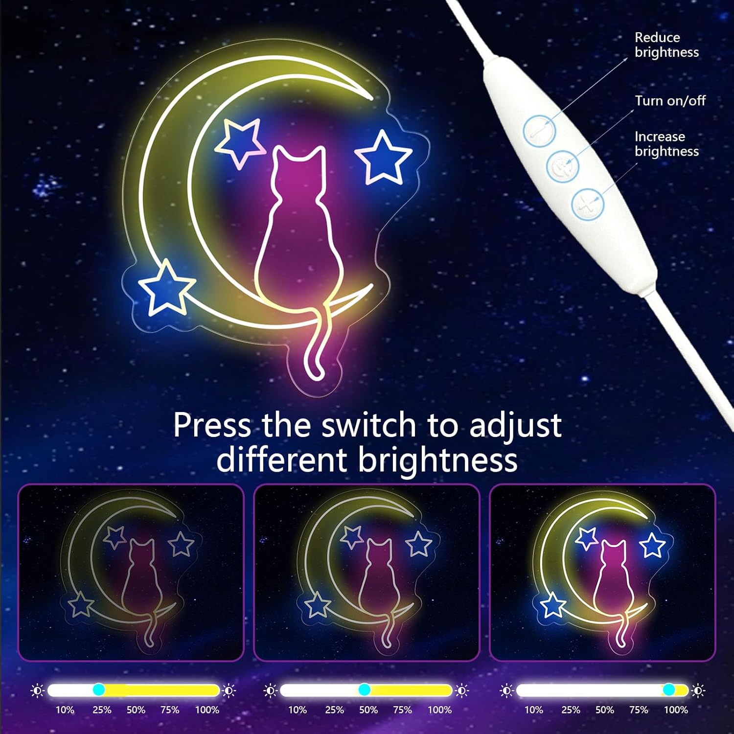 Moon Cat Neon Sign for Wall Decor USB Powered Led Cute Cat Moon Neon Light for Kids Bedroom Wall Decor Led Wall Art for Pet Shop Birthday Party Gift for Kids(14inch*12inch) - Image 6
