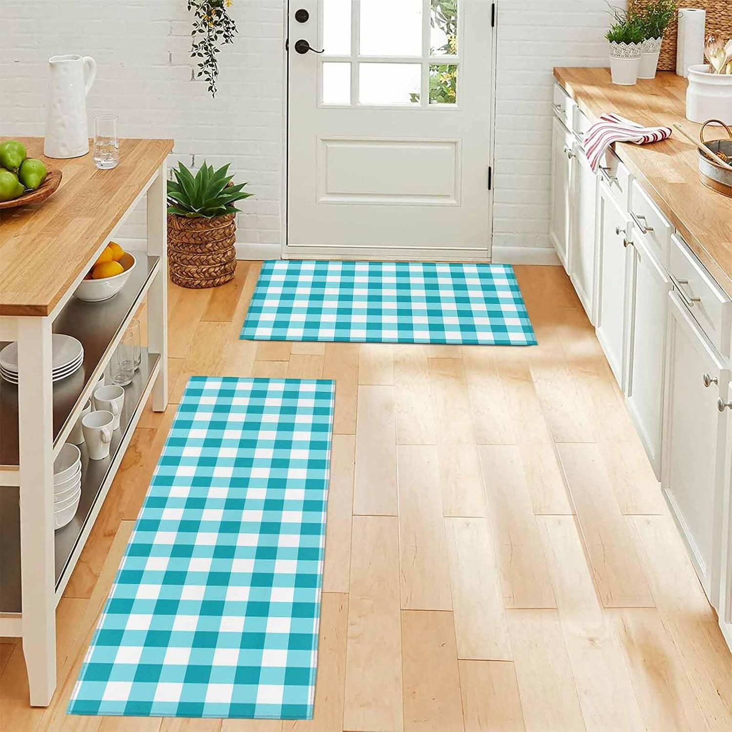 Kitchen Rugs and Mats 2 Pieces Turquoise Buffalo Plaid Runner Rug Sets Check Lines Soft Comfort Standing Kitchen Mats for Floor Absorbent Area Rugs Carpet Non Slip Cushioned Doormat