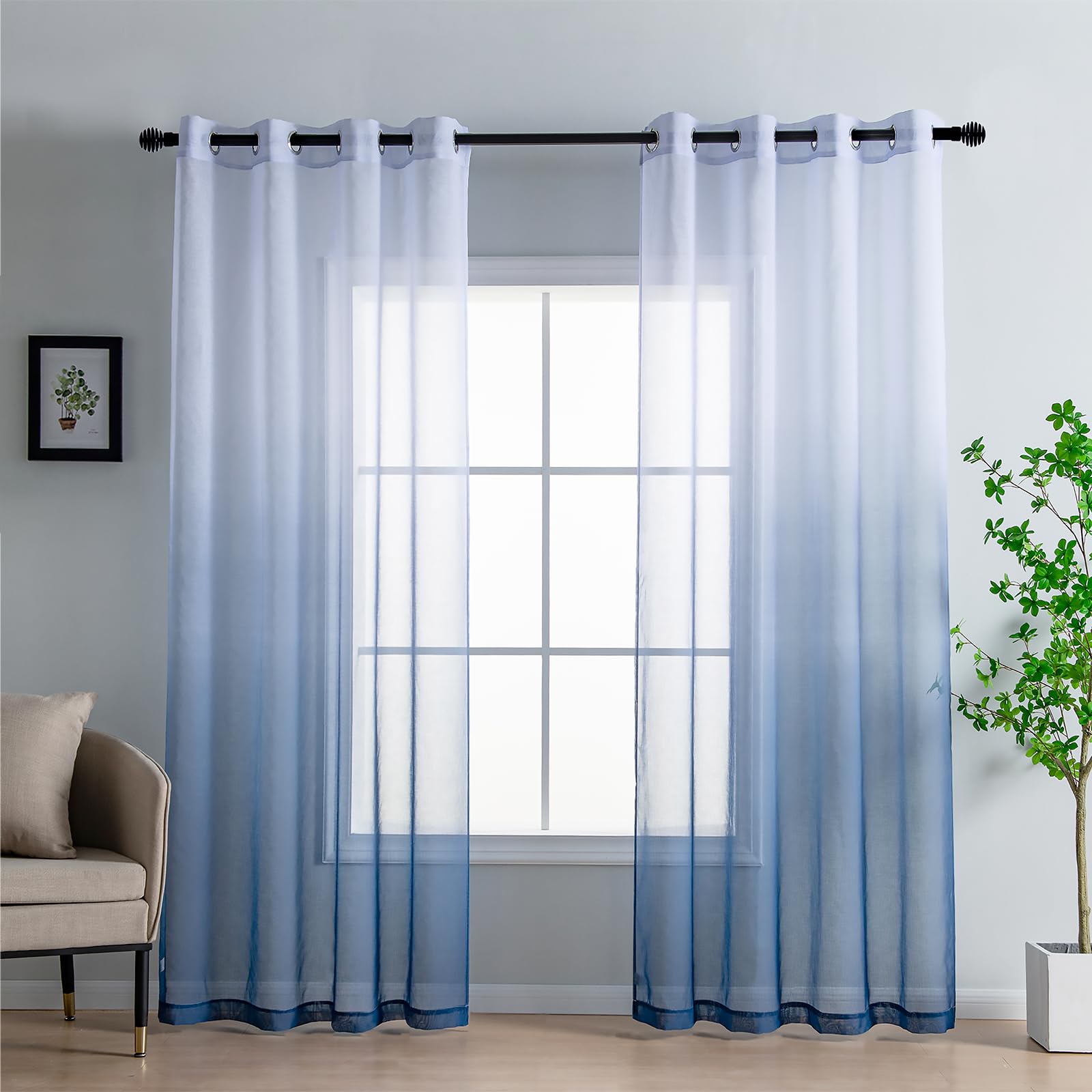 DWCN Voile Curtain Blue Gradient Curtains for Living Room Net Curtains for Windows Sheer Bedroom Crurtains Eyelet Set of 2