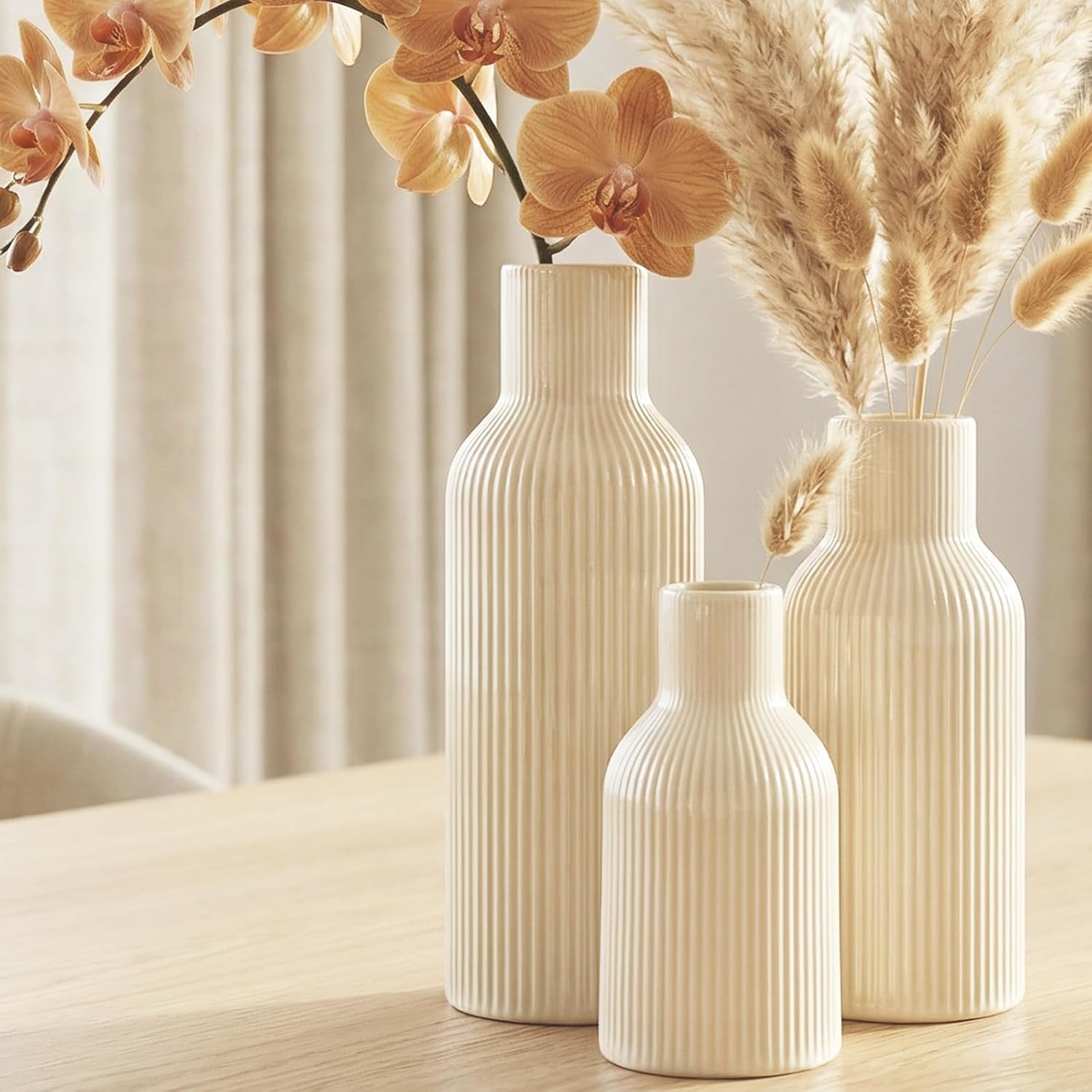 3-Piece Glossy Beige Ceramic Vase Set with Vertical Lines, Minimalist Solid Color Design, Decorative Vases for Shelf, Mantel & Tabletop, Assorted Sizes (9.8"/7.8"/5.9" H)
