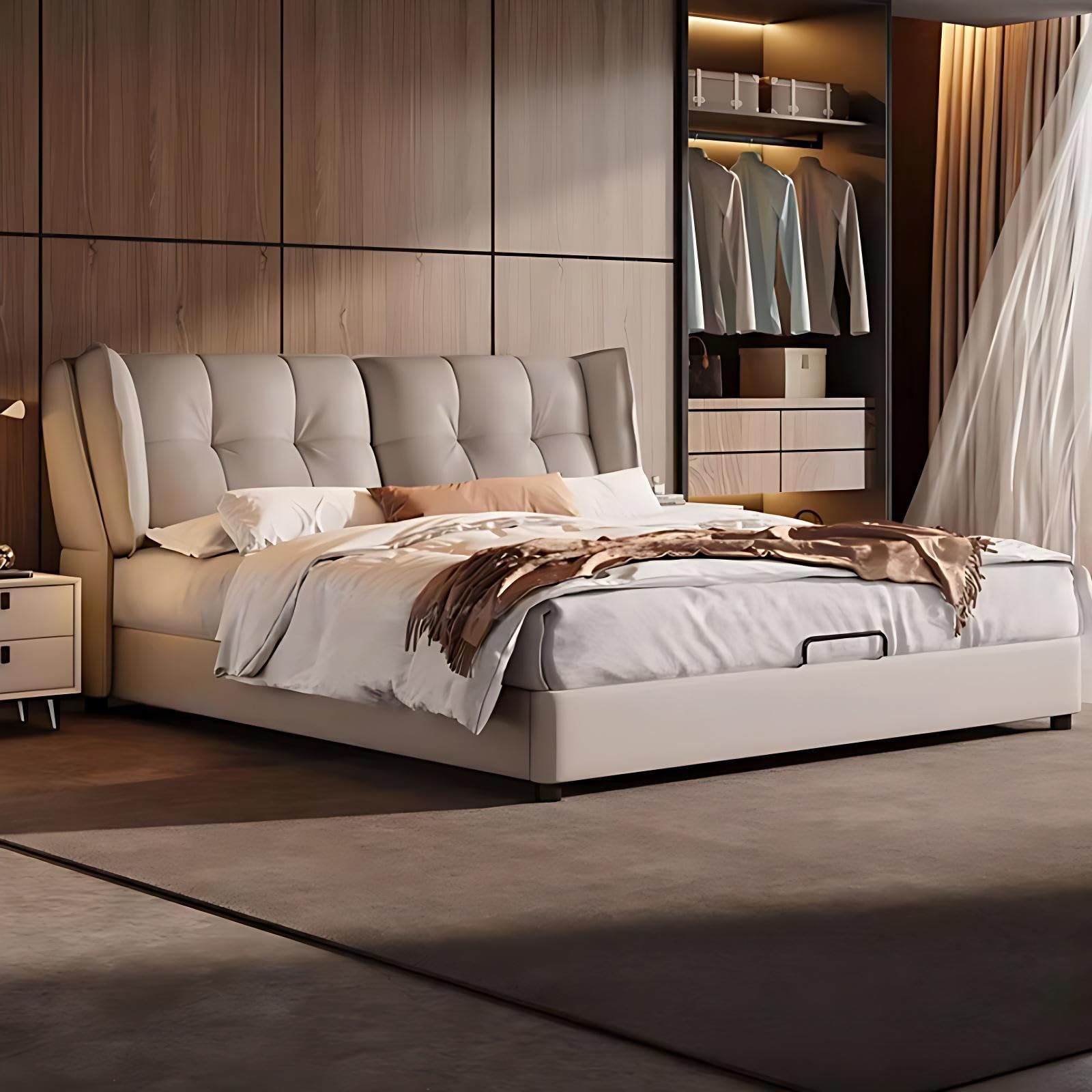 King Bed Frame - Modern Heavy Duty Solid Wood Platform Bed with Headboard, Solid Wood Construction, Premium Leather Upholstery, Easy Assembly, Light Gray