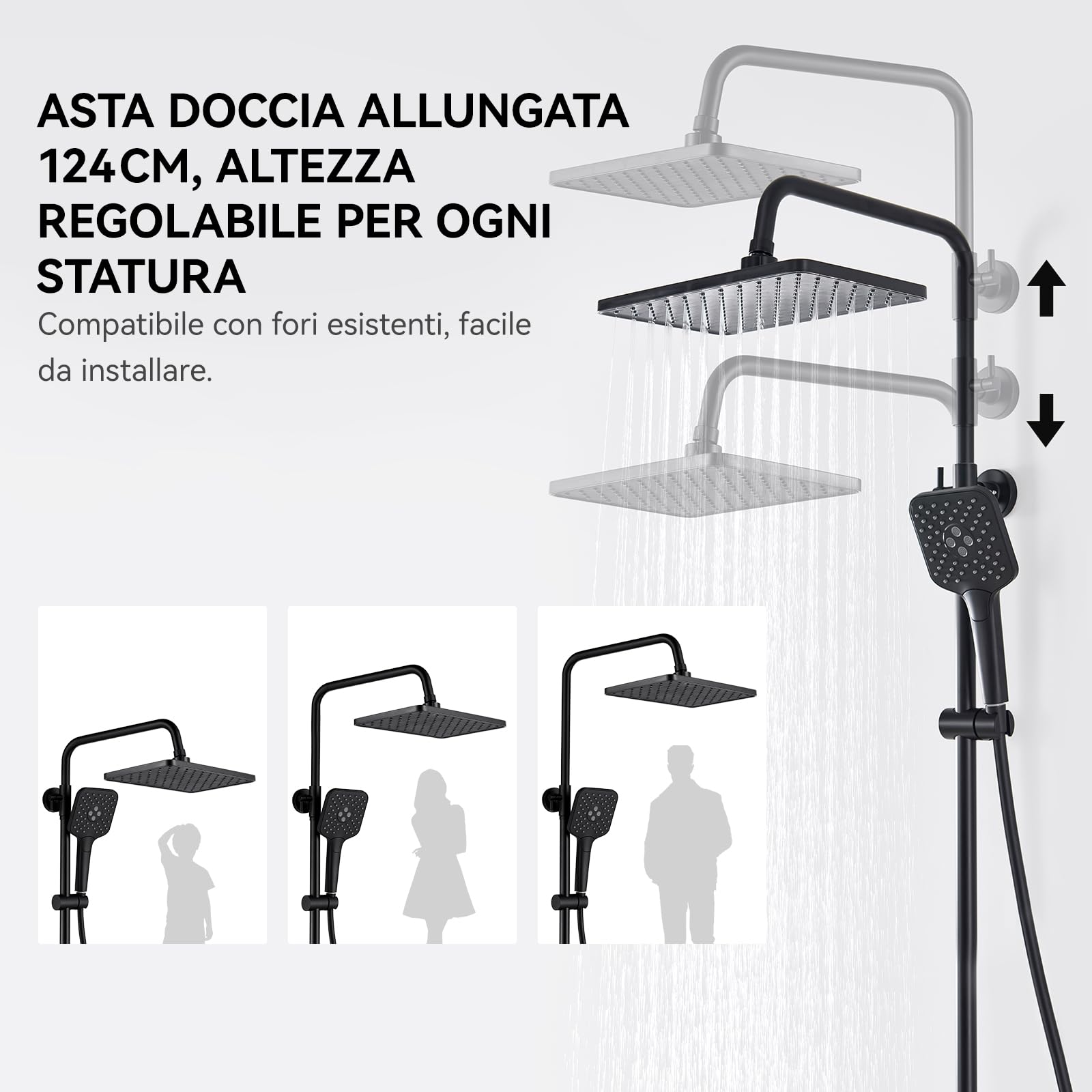 Auralum Colonna Doccia con Miscelatore Termostatico, Miscelatore Doccia Esterno, Saliscendi Doccia con Soffione Doccia 30*19cm e Doccetta 3 Getti, Saliscendi Doccia Altezza Regolabile 90-125cm, Nera