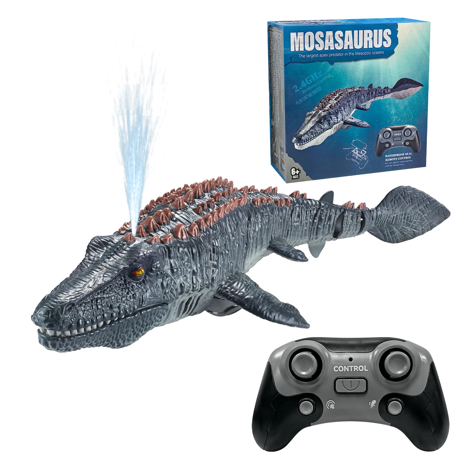 Juguetes Mosasaurus con Control Remoto para niños, Barcos Teledirigido, Barco de Dinosaurio Eléctrico RC con Agua pulverizada y luz para Piscina, Lago, baño, Juguetes de baño (Gris)