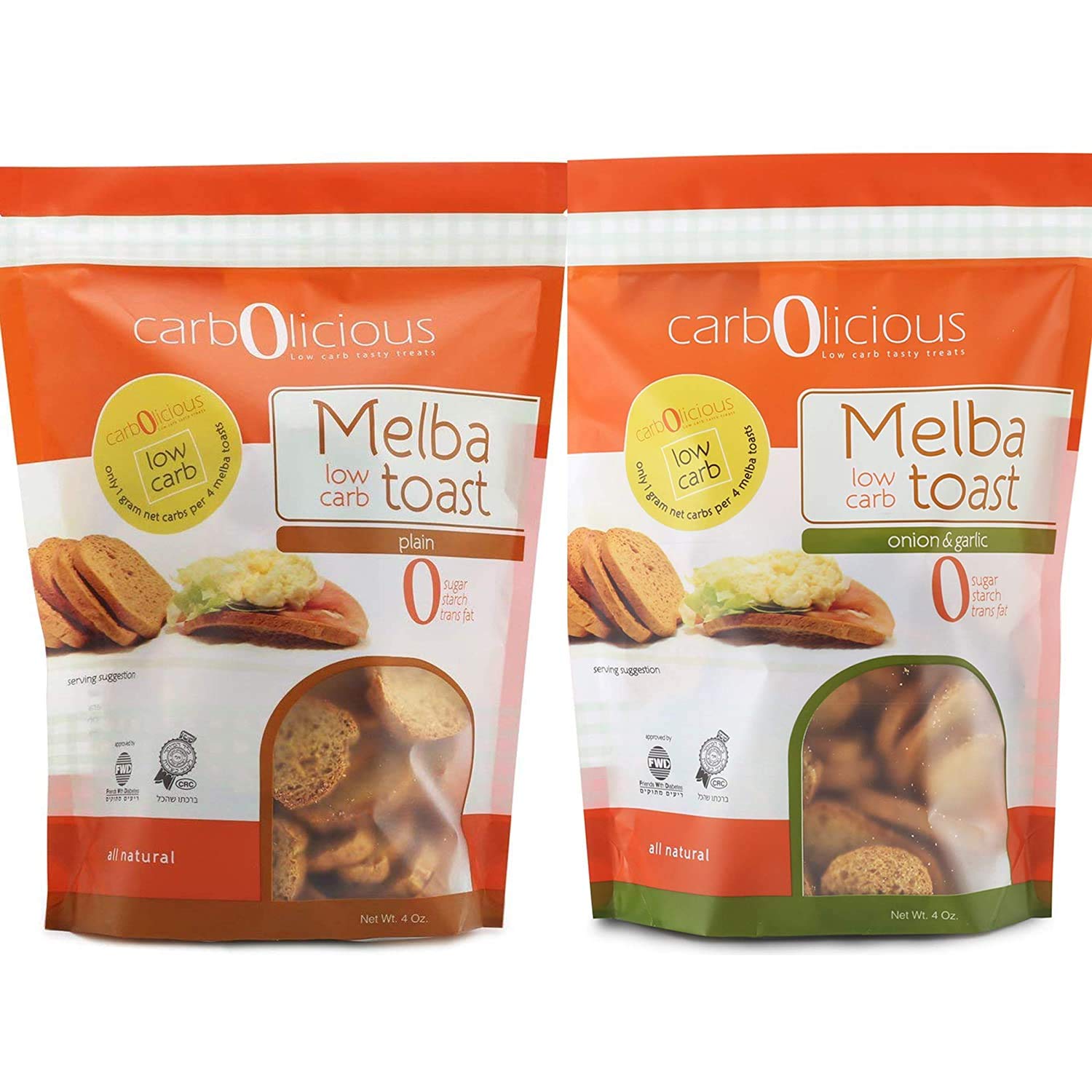 Low Carb Melba Toast 2 4oz Packs (PLAIN-ONION & GARLIC COMBO PACK)