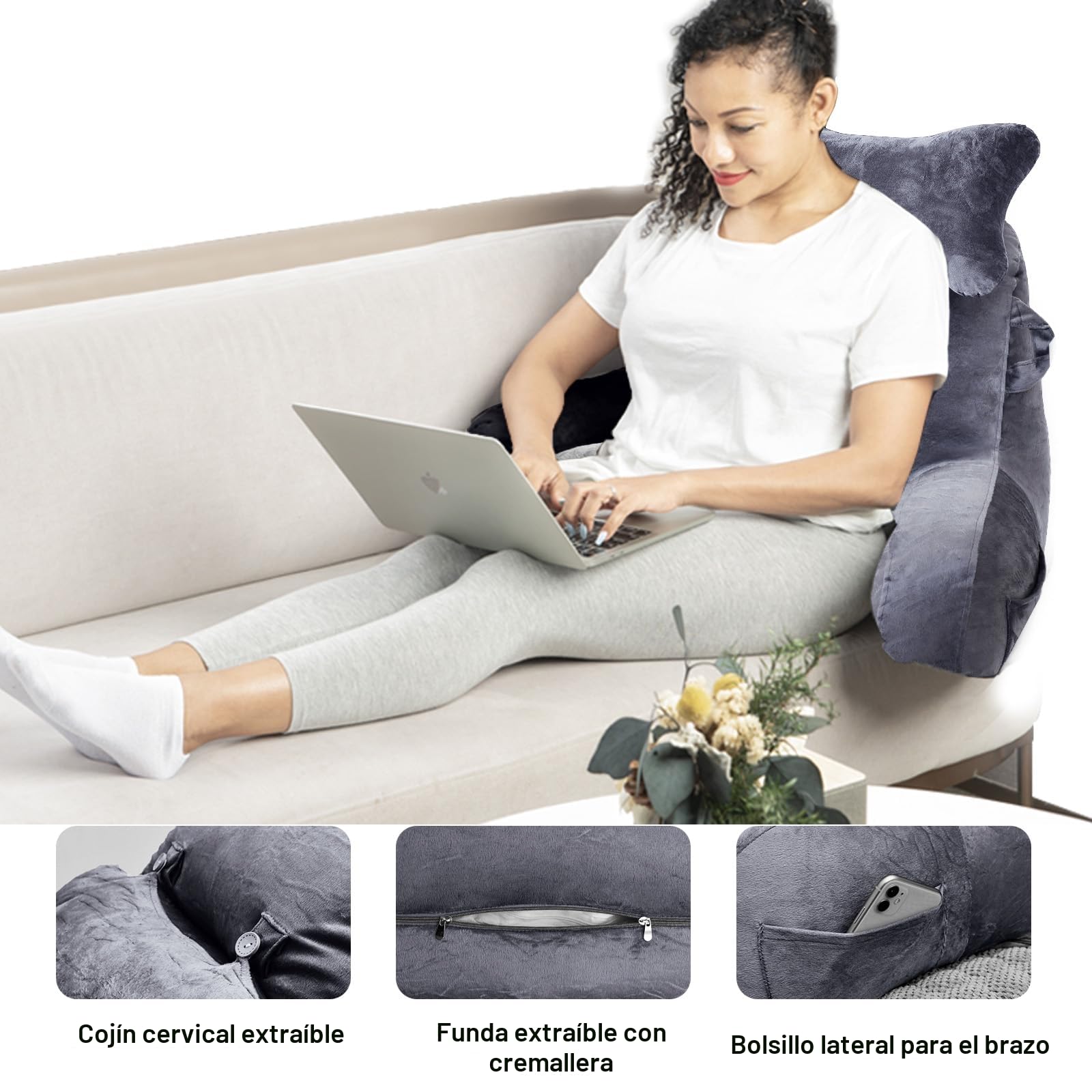 SLIGUY Almohada de lectura para sentarse en la cama, sofá para adultos, almohada de espalda con soporte para brazos y bolsillos, almohada de espalda para adultos para reposo en cama, leer, ver la