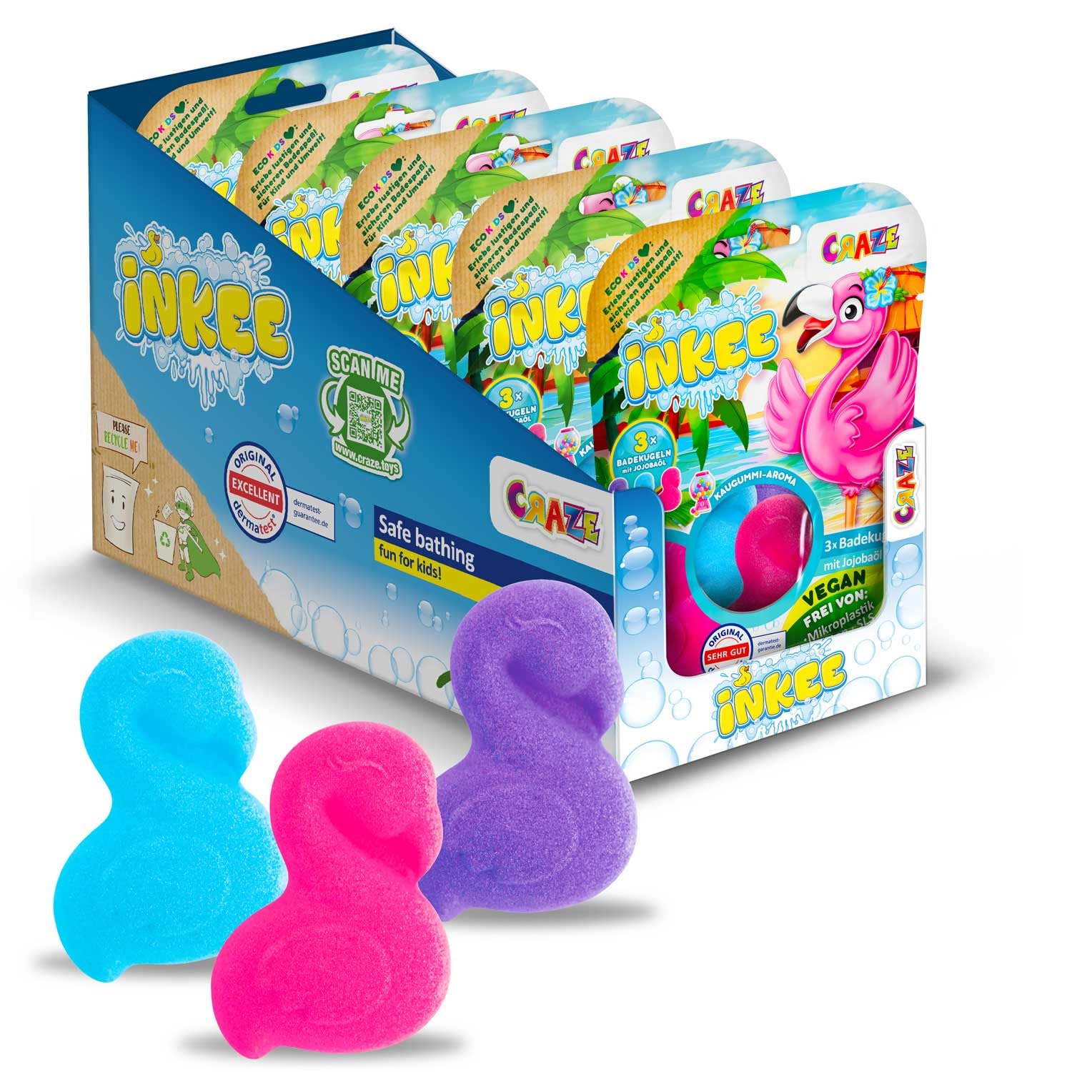 INKEE Flamingo Display of 5 Packs of 3 Bubble Baths for Children in The Shape of a Flamingo with Bubble Gum Aroma