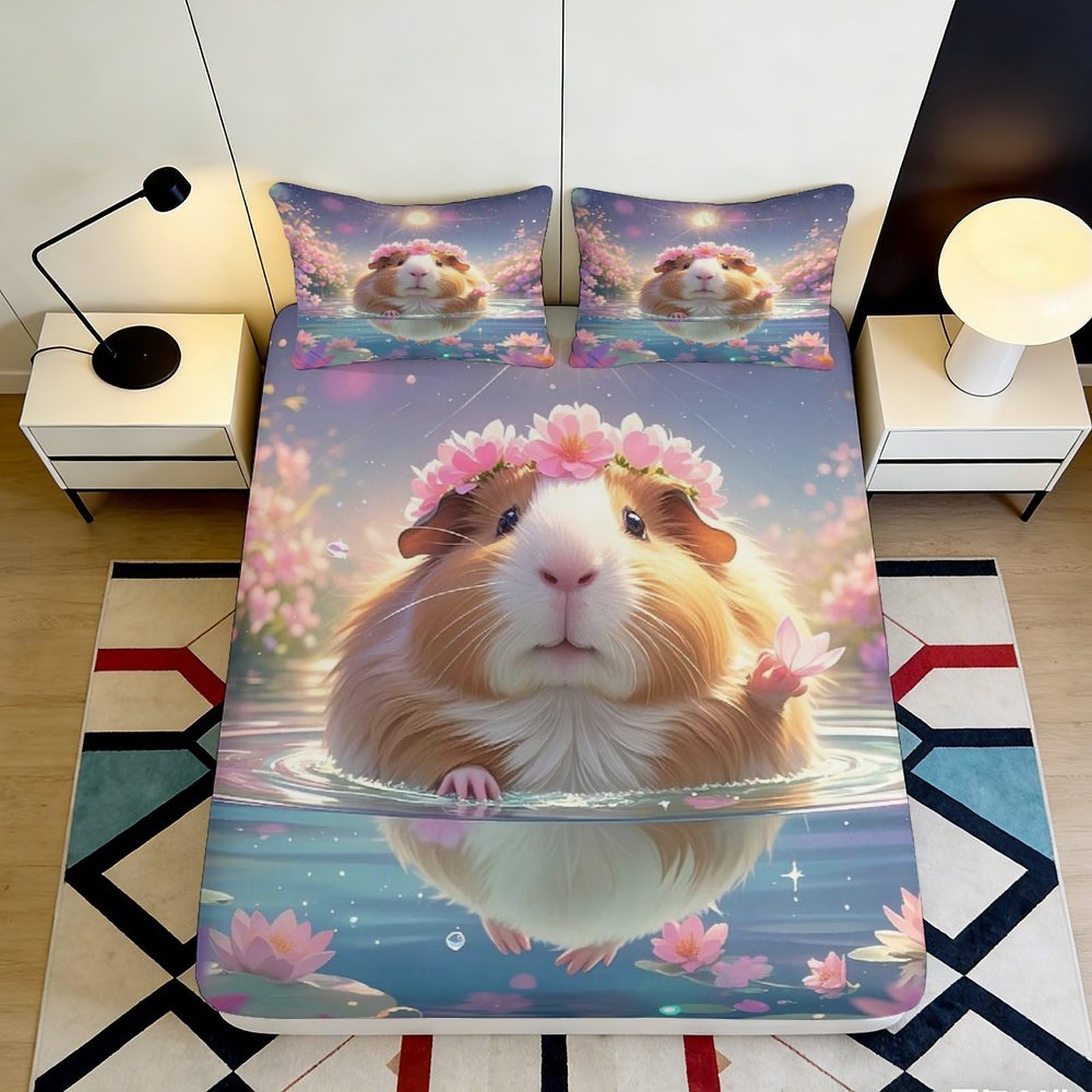 Pnayamiorkfel Style-5 3D Printed Guinea Pig Floral Fitted Sheet Microfiber Soft Anti-Slip Bed Cover Bedroom Dorm Protection Decor 90X200x25cm