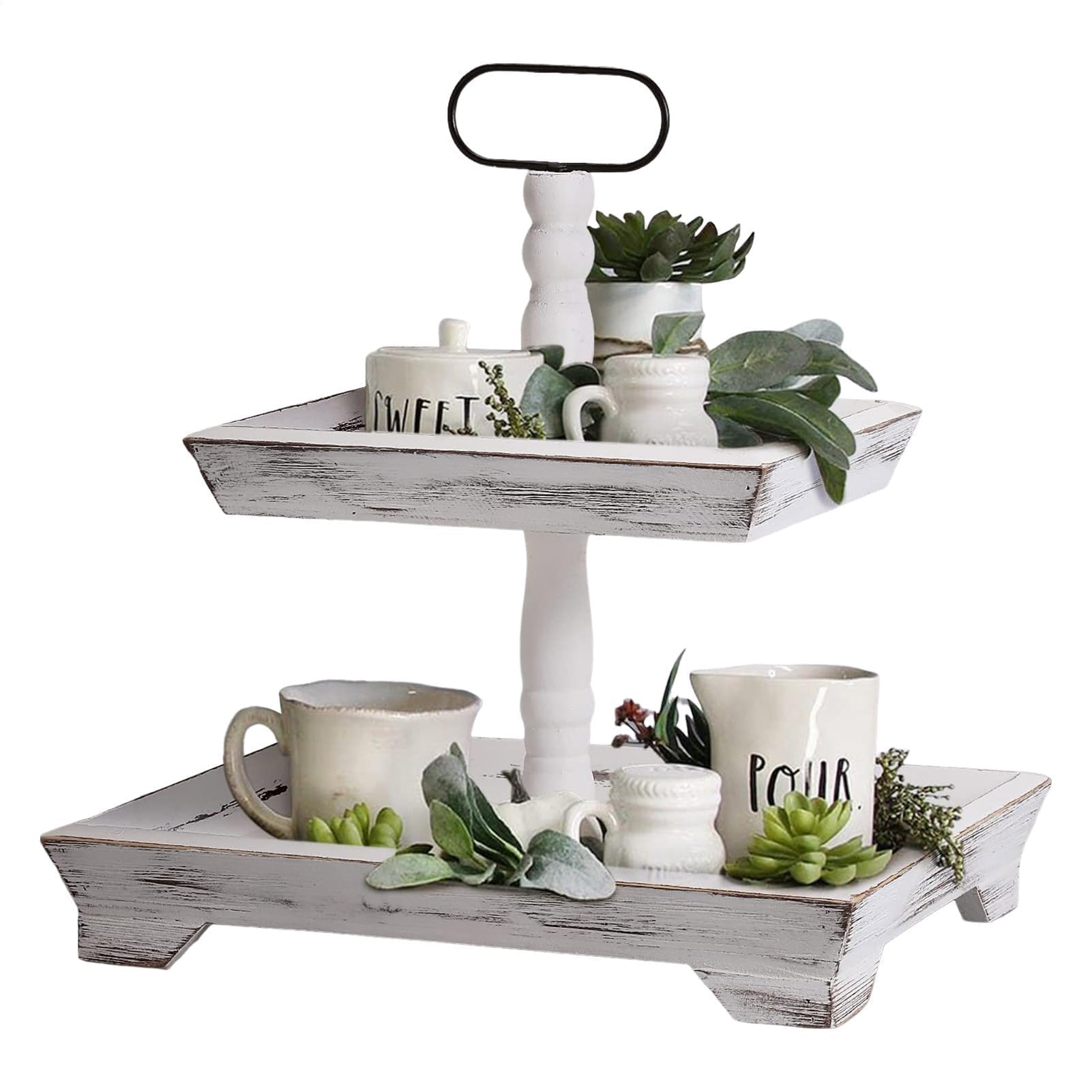 Dessert Stand, Farmhouse 2-Tier Tray Stand | Rustic Wooden Tiered with Metal Handle Perfect