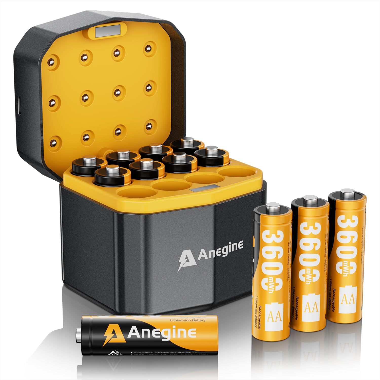 anegine Paquete de 12 pilas AA recargables de litio con cargador rápido, 3600 mWh, 1,5 V, baterías de iones de litio AA de alta potencia, baterías AA de iones de litio de salida constante, tiempos de