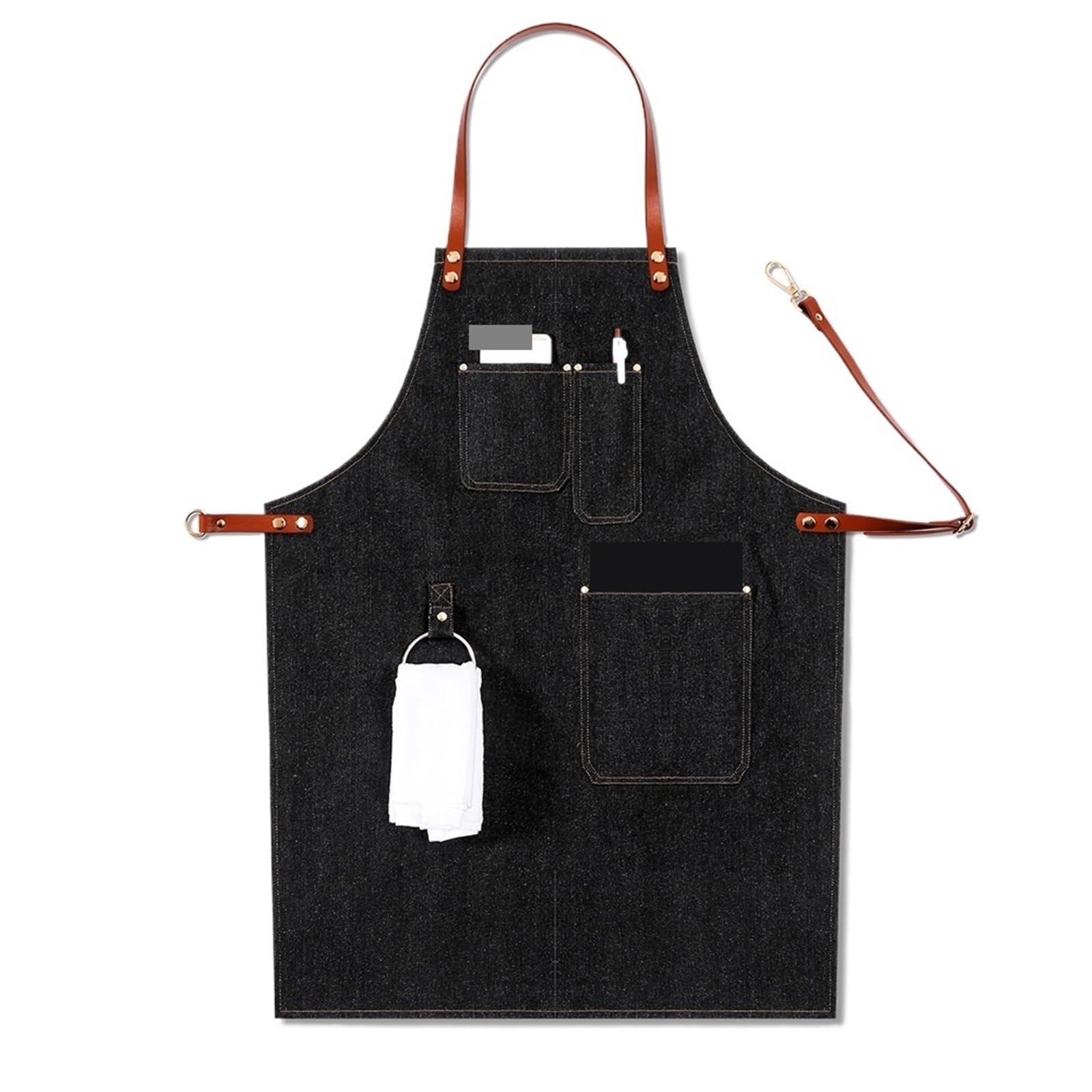 Delantal de Trabajo Ajustable y extraíble con Correa de Cuero y múltiples Bolsillos for Barista, Uniforme de Chef, Camarero, Vaquero, 2 Unidades para Trabajo(Black A)