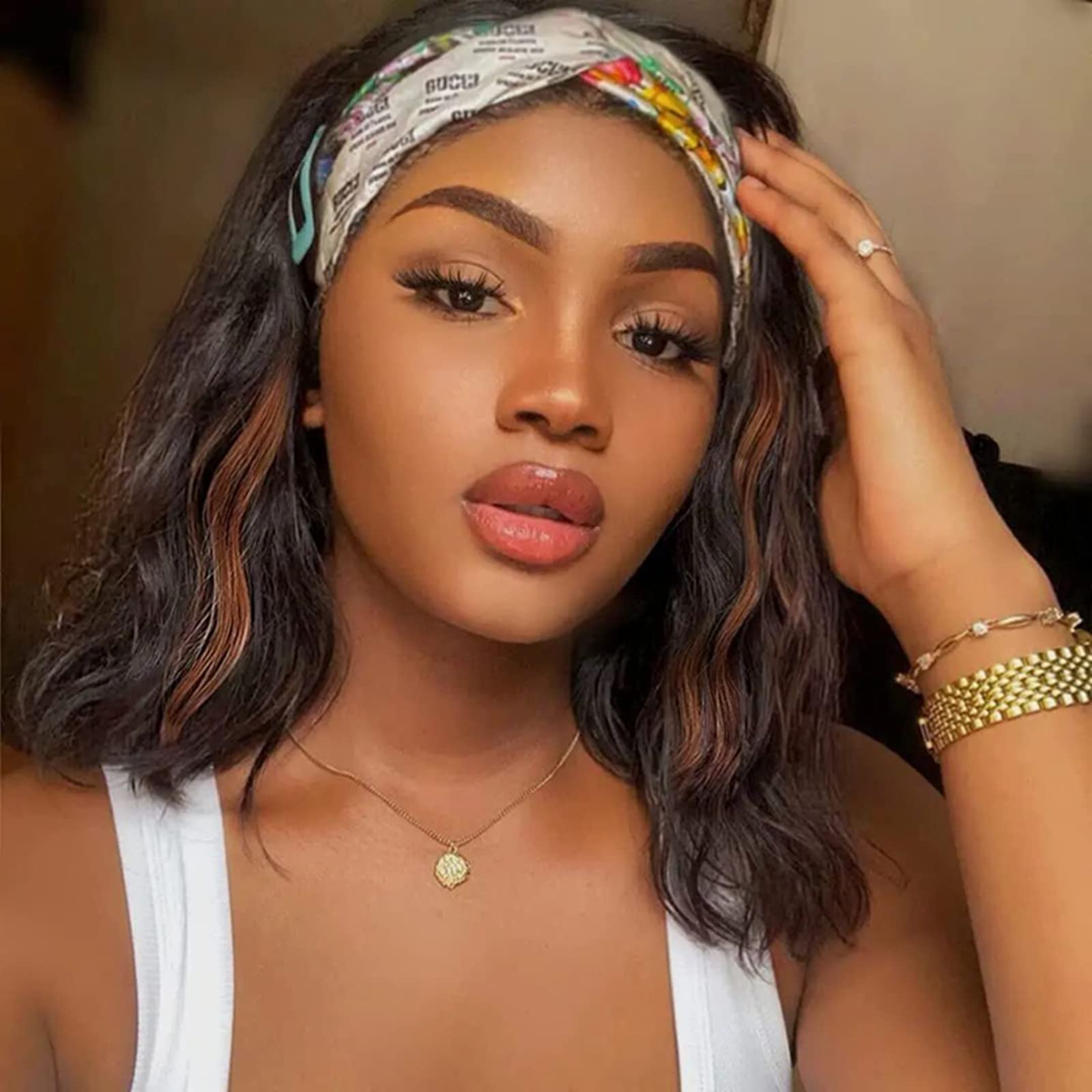 Colorful Queen Glueless Headband Wig Synthetic Long Black Body Wave Headband Wigs for Black Women Natural Looking Wavy Wig Heat Resistant 180% Density