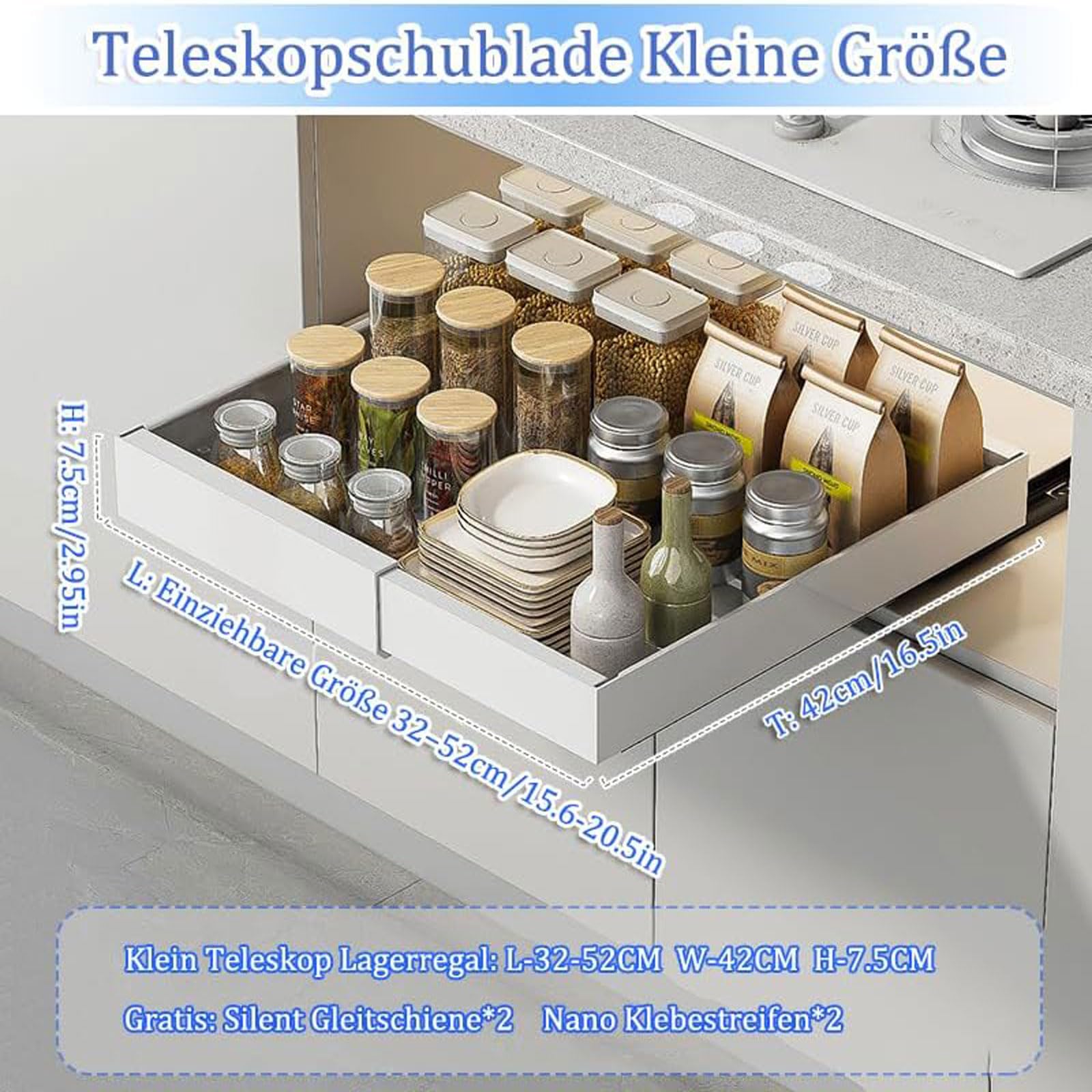 2-Stück Teleskopschublade Ausziehbar Schublade: 42cm Küchenschrank Schubladenauszug Slide Out Schrank mit Kleber Organizer Ordnung ohne Bohren für Hausfrauen Küchenhilfe Breite 32-52cm