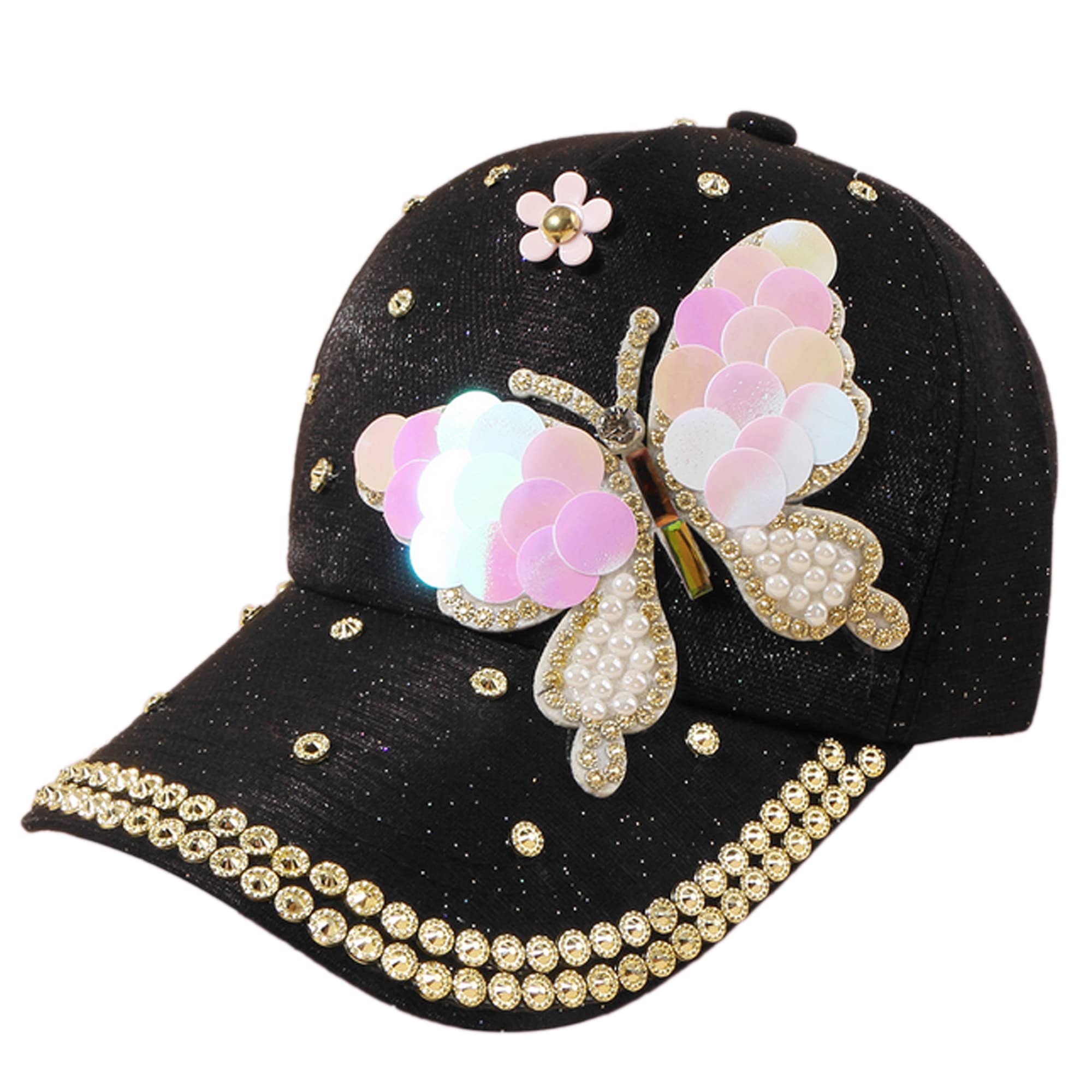 LABANCA Women's Butterfly Rhinestone Baseball Cap Adjustable Bling Sun Hat for Women Fashion Hip Hop Hat with Studded Design