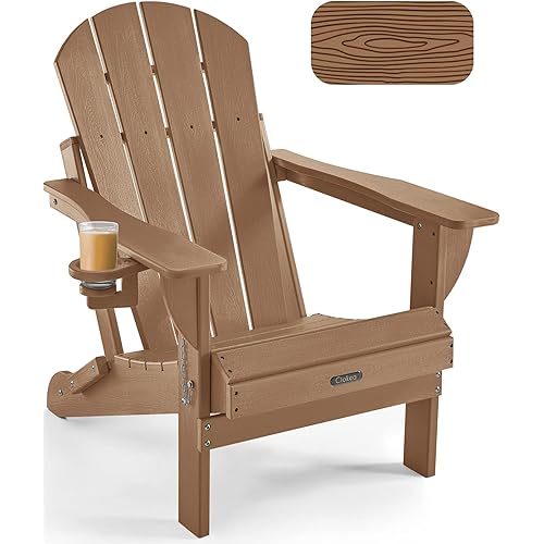Ciokea Folding Adirondack Chair Wood Texture, Patio Adirondack Chair Weather Resistant, Plastic Fire Pit Chair with Cup Holder, Lawn Chair for Outdoor Porch Garden Backyard Deck (Teak)