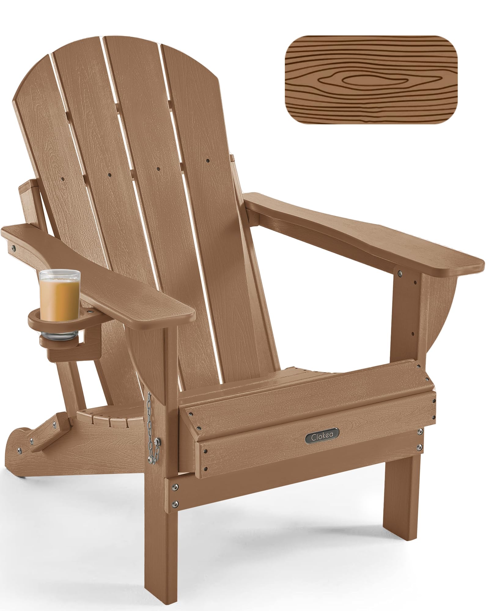 Ciokea Folding Adirondack Chair Wood Texture, Patio Adirondack Chair Weather Resistant, Plastic Fire Pit Chair with Cup Holder, Lawn Chair for Outdoor
