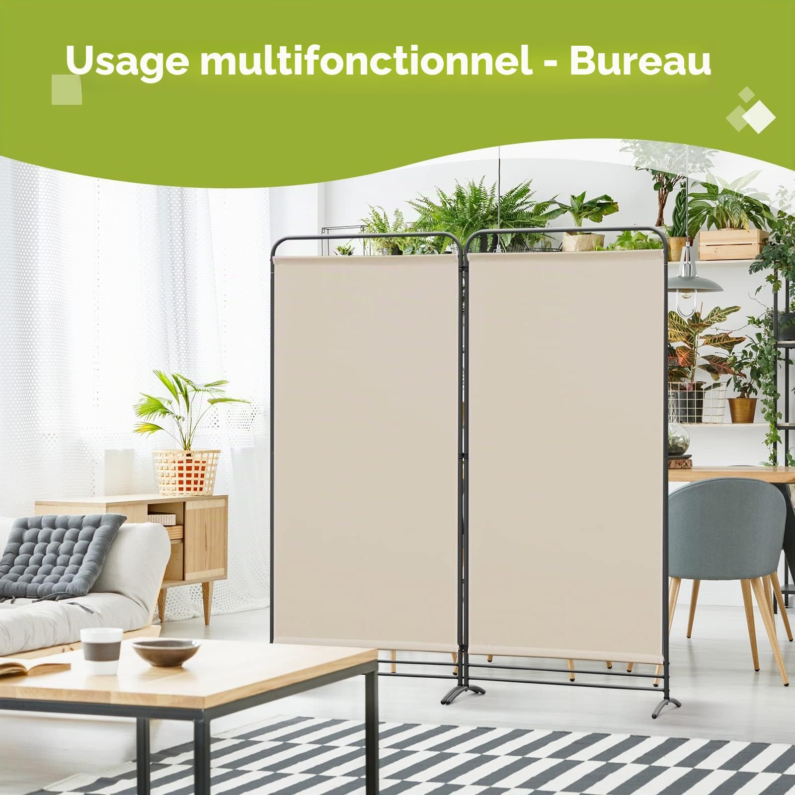 Angel Living Paravent 2 Panneaux Pliable Diviseurs de Chambre Séparateur de Panneaux Indépendant Paroi de Séparation Murale Séparation Visuelle pour Bureaux, Chambre à Coucher, 180 x 162cm (Beige)