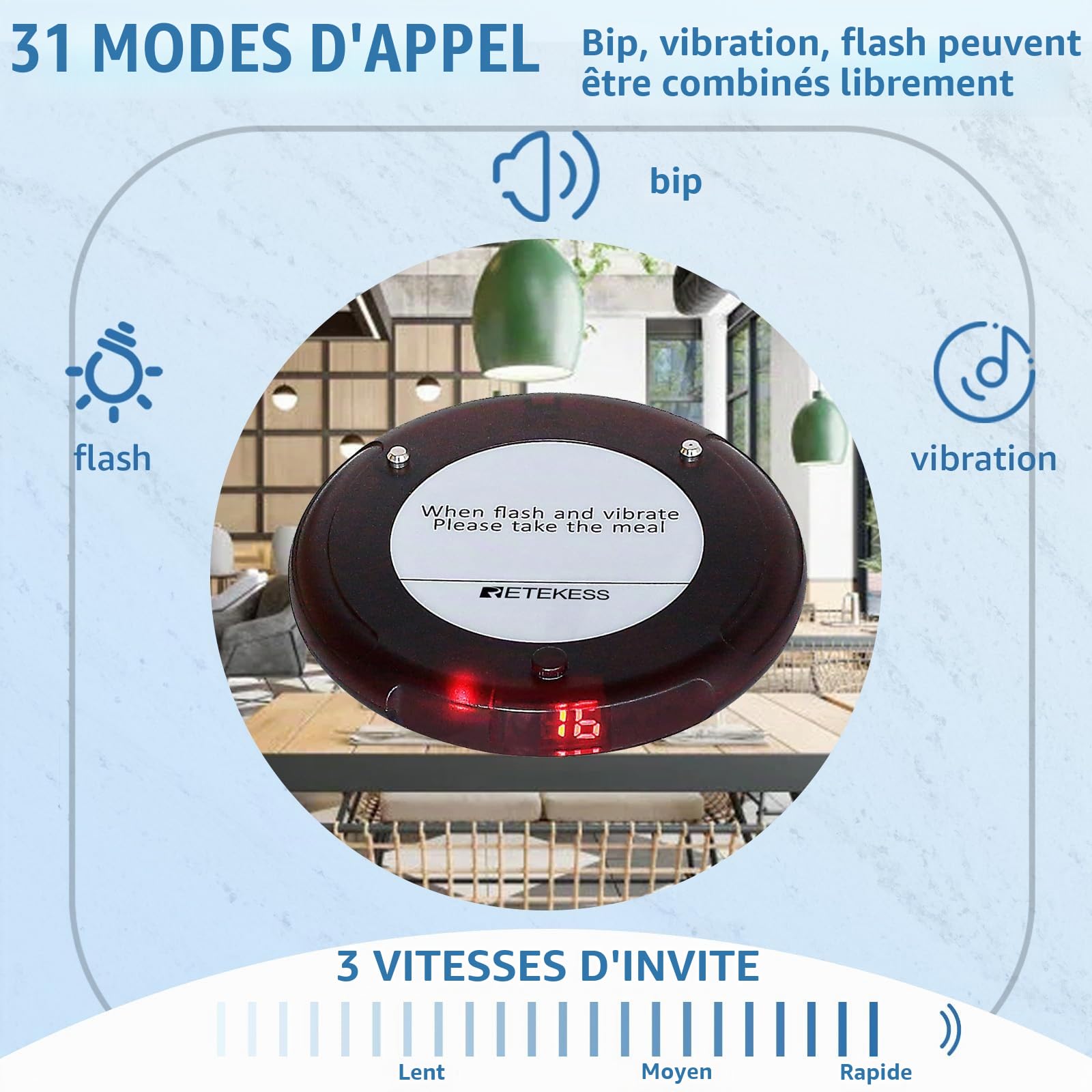 Retekess TD163 Bipeur Restaurant, 5 Bipeurs | Compatible avec TD163 Bipeur Restaurant, 31 Modes d'Appel, Distance de 400M, Batterie 300 mAh