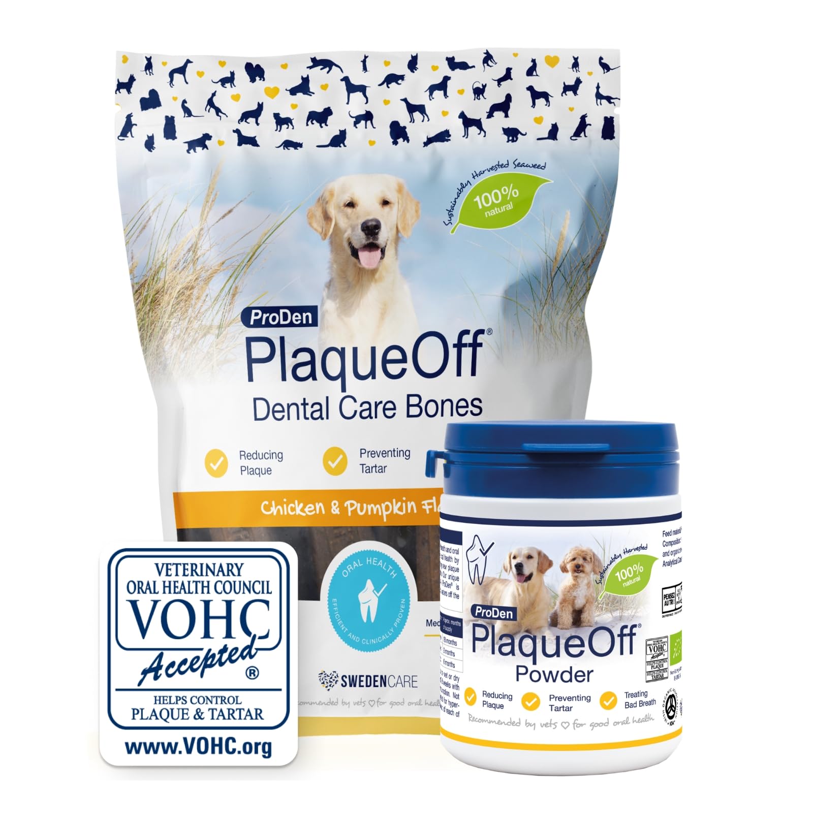 ProDen PlaqueOff Powder for Dogs & Cats, Tartar & Bad Breath Remover with 100% Natural Teeth Plaque Remover (180g Powder with 13 Chicken Bones - Bundle)
